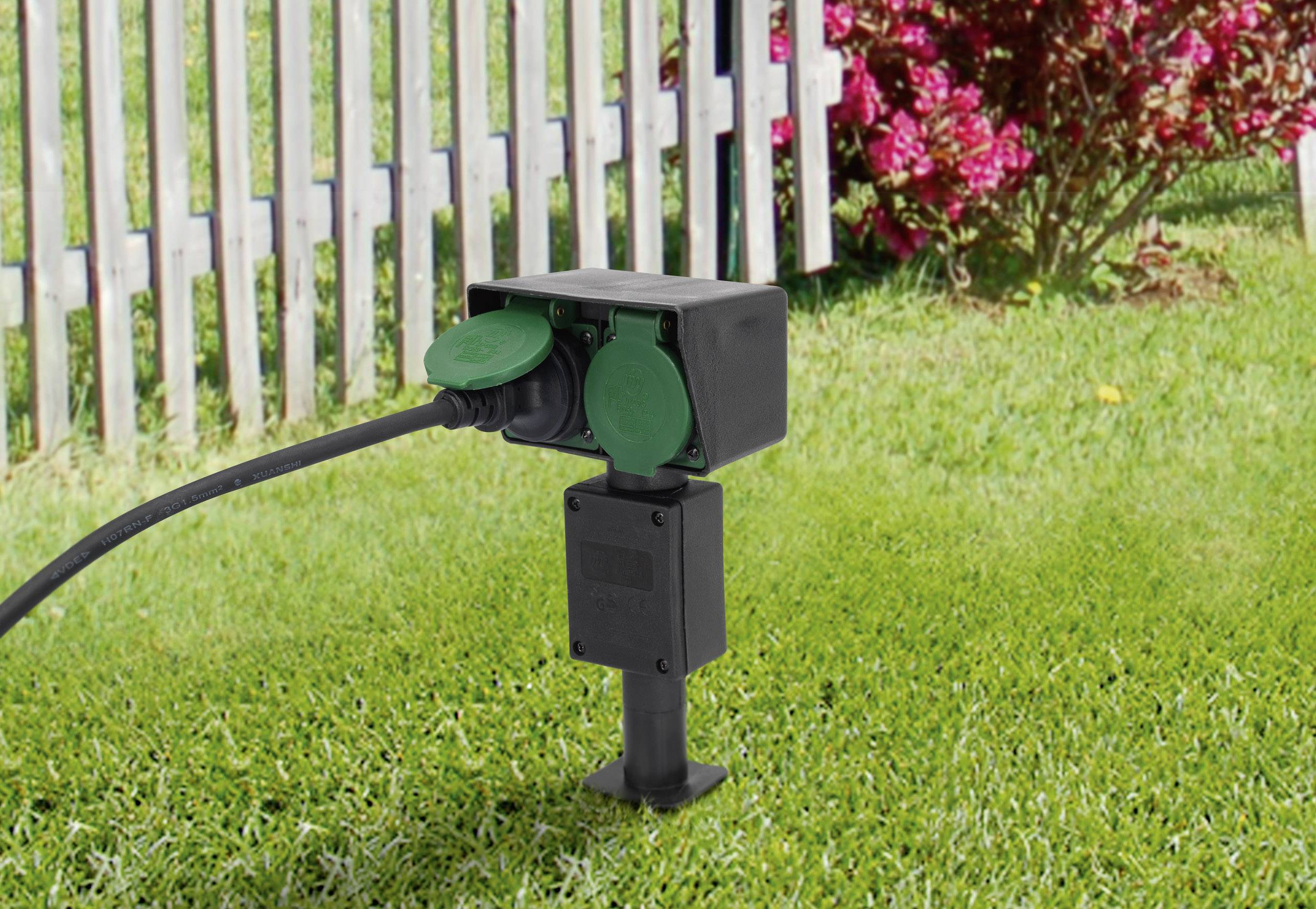 Renkforce 1168610 Gartensteckdose 2fach Schwarz, Grün mit Erdspieß