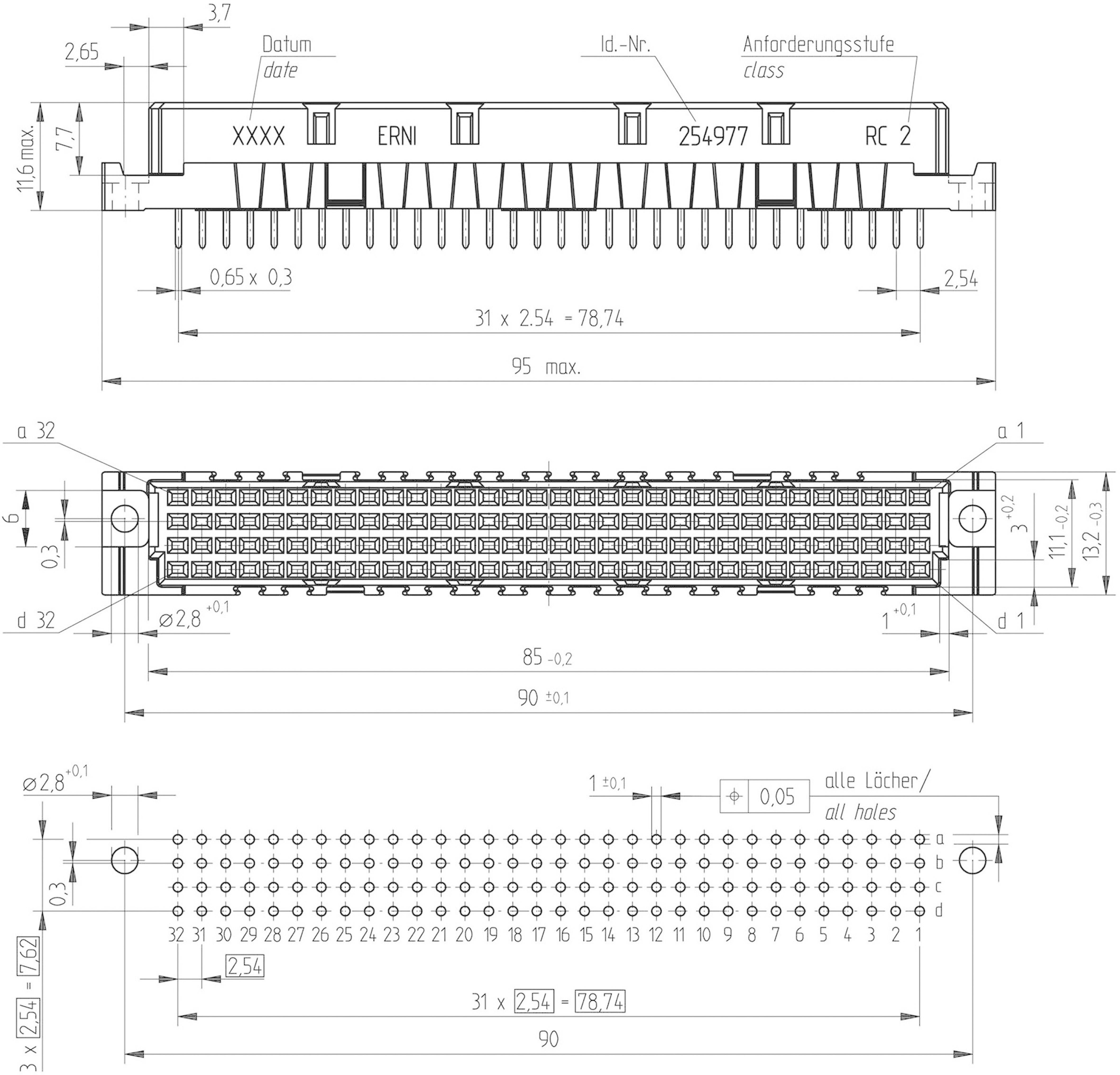 ERNI 254977 Federleiste Gesamtpolzahl 128 Anzahl Reihen 4 1St.