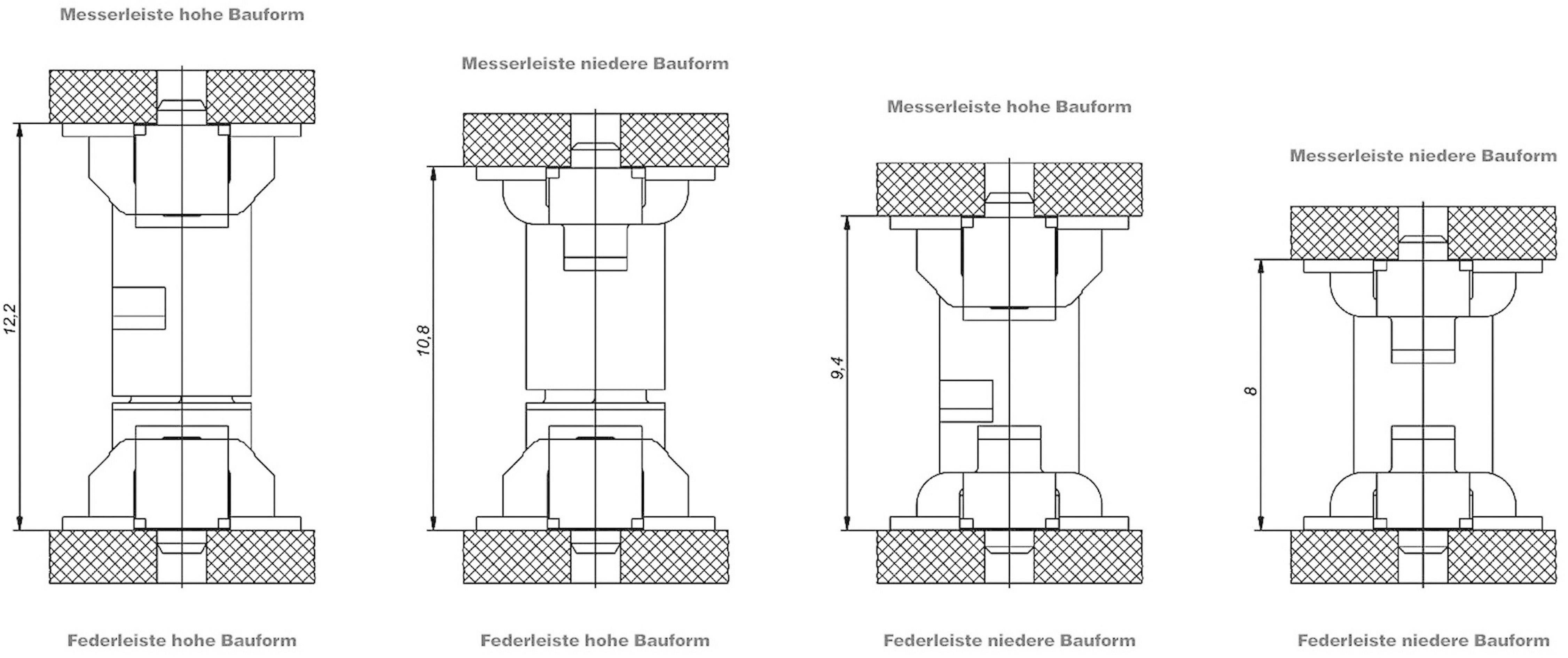 Technische Zeichnung von vier Bauteilen mit unterschiedlichen Höhenkennzeichnungen: Messerseite hohe Bauform, Messerseite niedrige Bauform, Federseite hohe Bauform, Federseite niedrige Bauform.