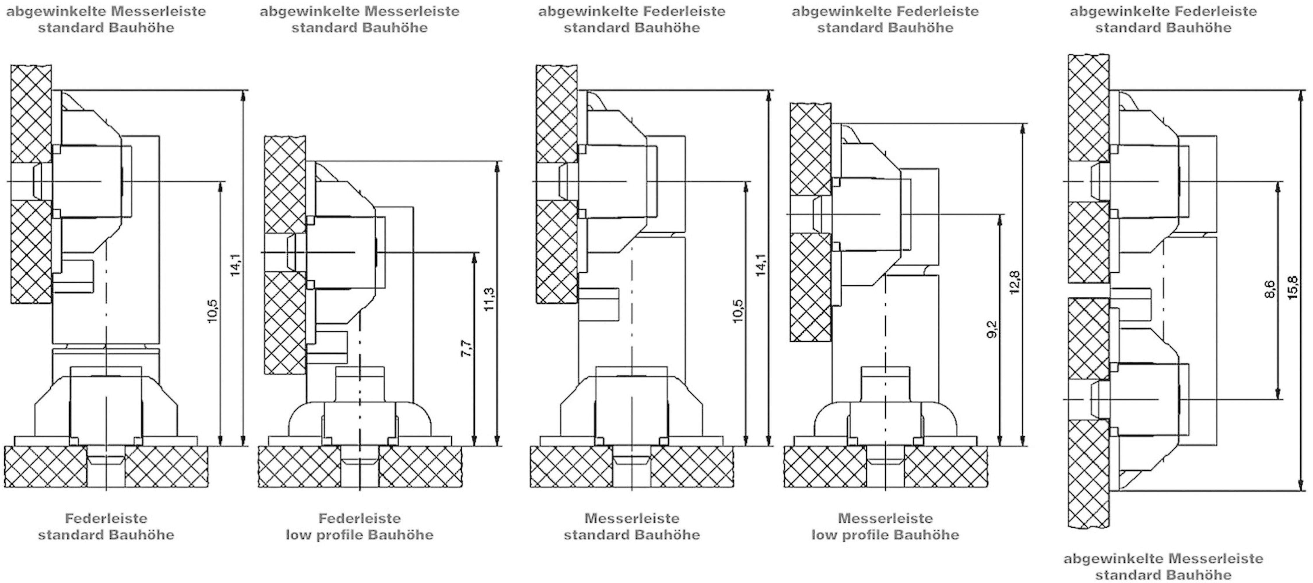 Fünf technische Diagramme zeigen verschiedene Schnittansichten von Stecker- und Buchsenkonfigurationen mit Maßangaben.