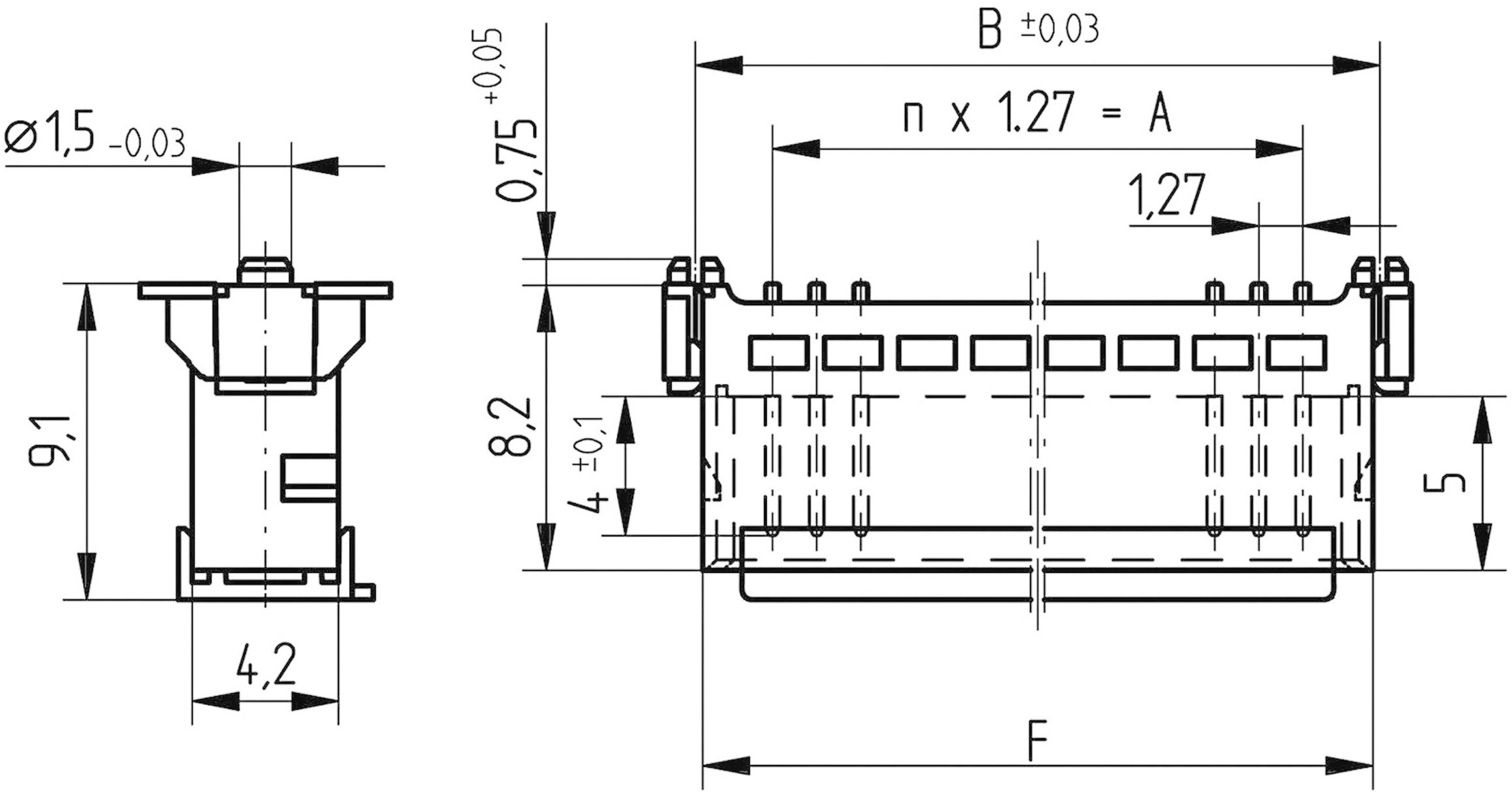 Technische Zeichnung eines Steckverbinders mit Abmessungen: 9,1 x 4,2 mm. Detaillierte Maßangaben und Positionierungsmarken auf der Seite.
