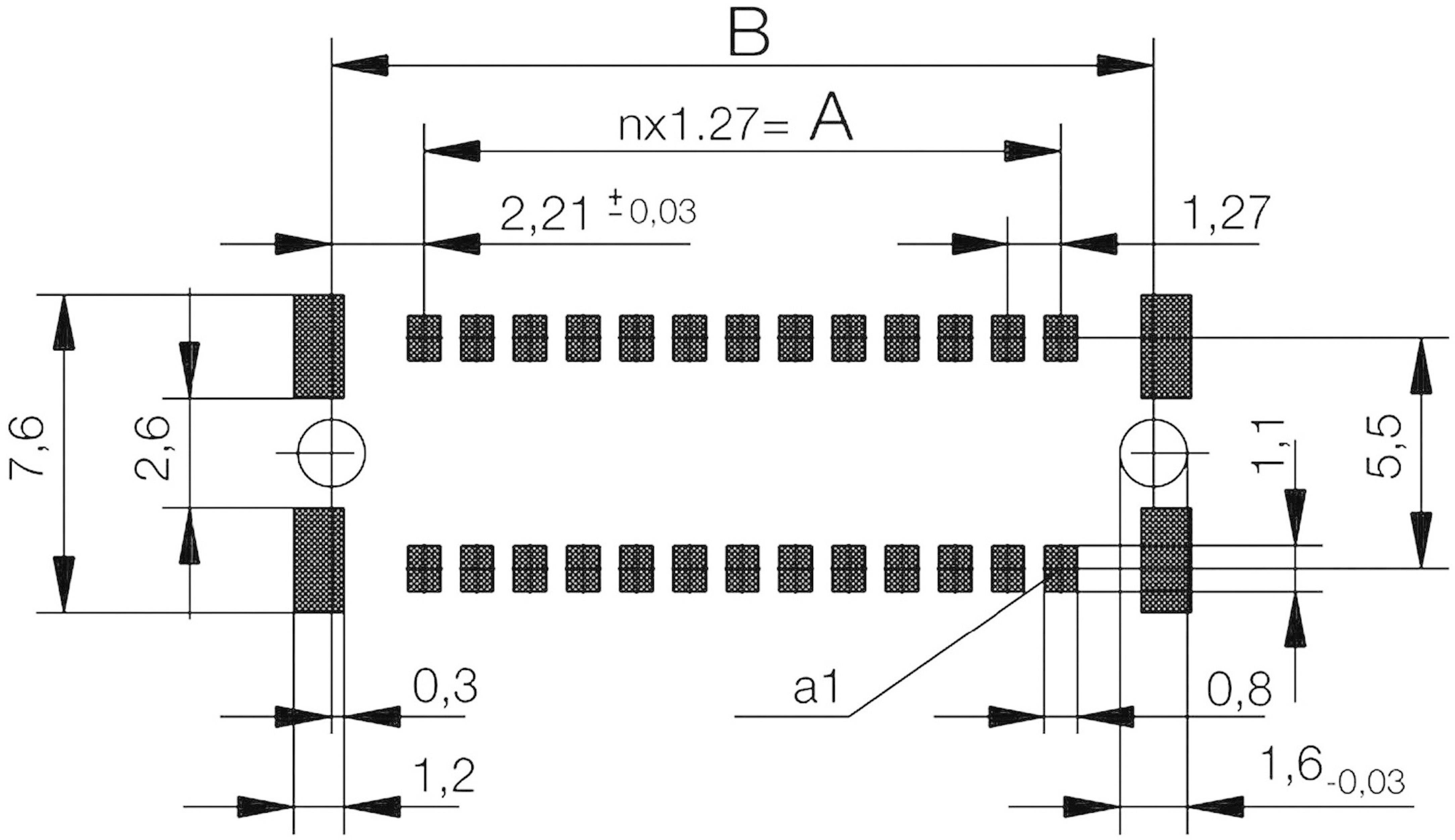 Technische Zeichnung eines elektronischen Bauteils mit Maßen: Breite 7,6 mm, Bohrungen, Pin-Abstände 1,27 mm, und weitere Spezifikationen.