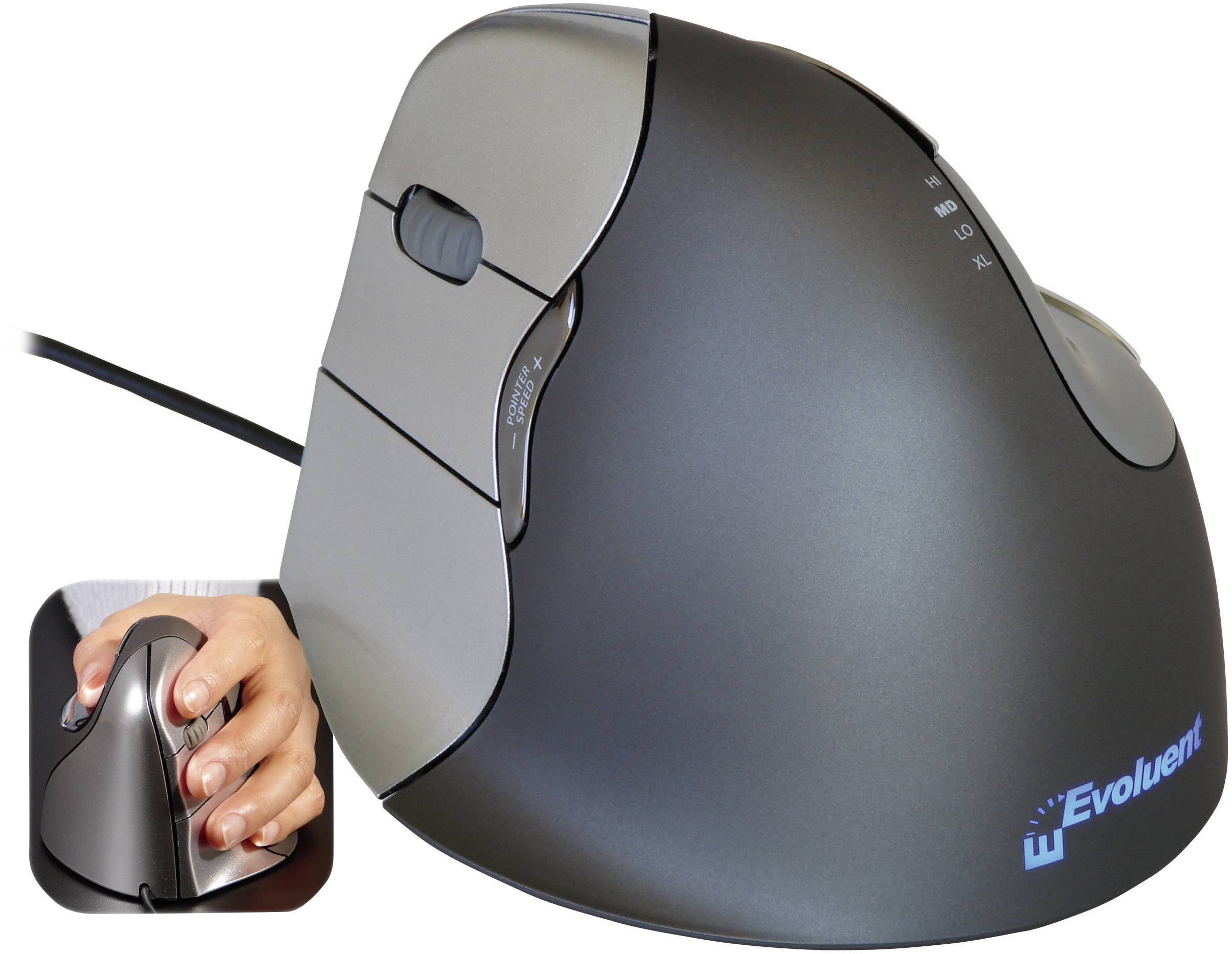 Eine ergonomische Maus in vertikaler Form, die entworfen wurde, um Handgelenkbelastungen zu reduzieren. Ein Foto zeigt eine Hand, die die Maus hält.