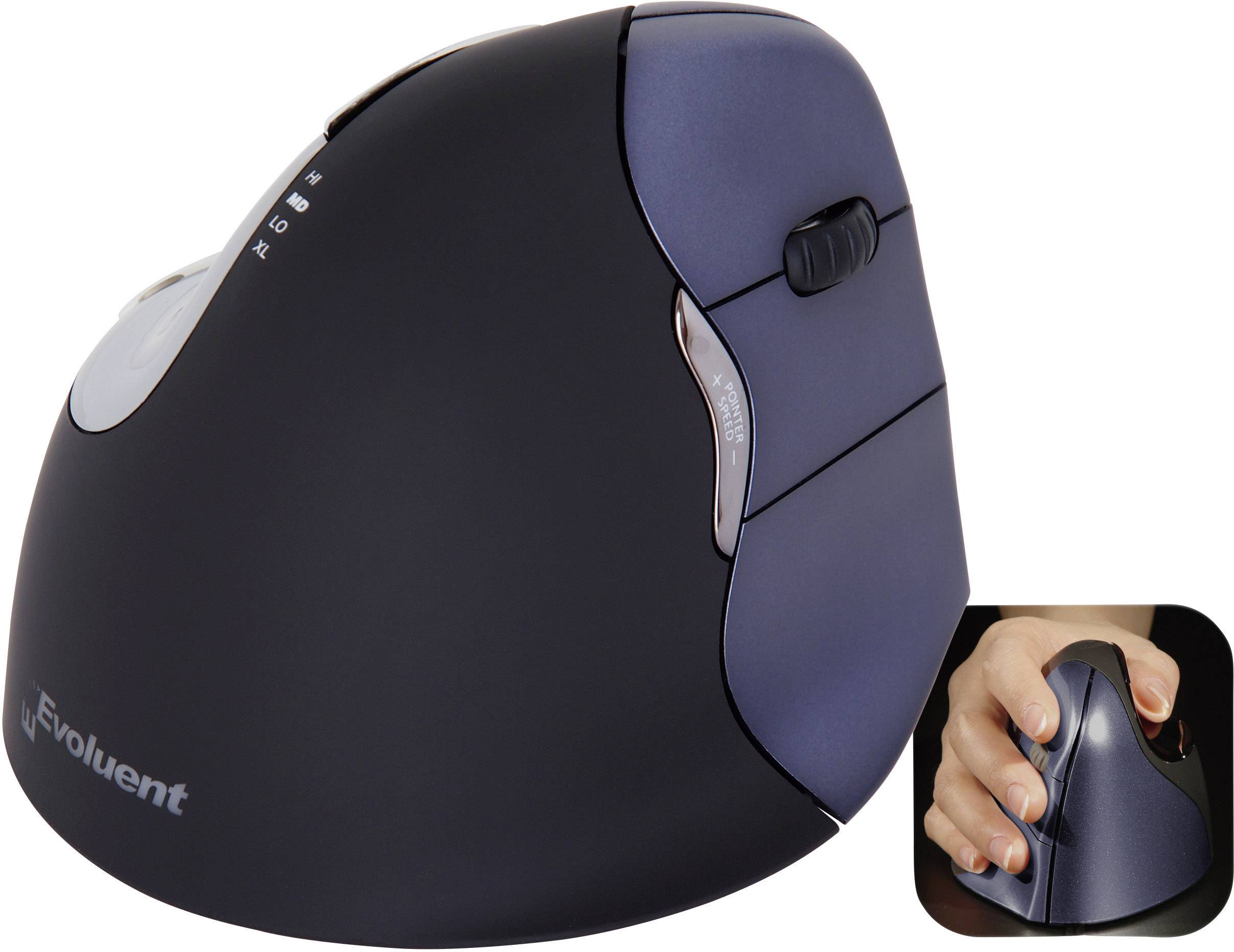 Ergonomische vertikale Maus von Evoluent in Schwarz und Blau mit einem Ausschnitt, der zeigt, wie sie in der Hand gehalten wird.
