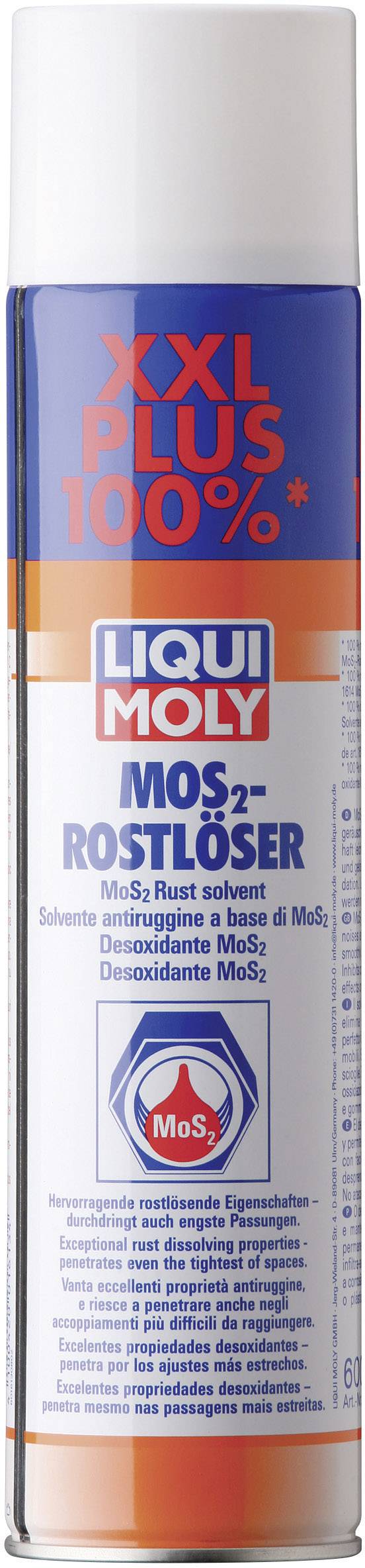Sprühdose 'LIQUI MOLY MoS2-Rostlöser' in blauer und oranger Verpackung, XXL PLUS 100% Aufschrift, löst Rost und schützt vor Korrosion.