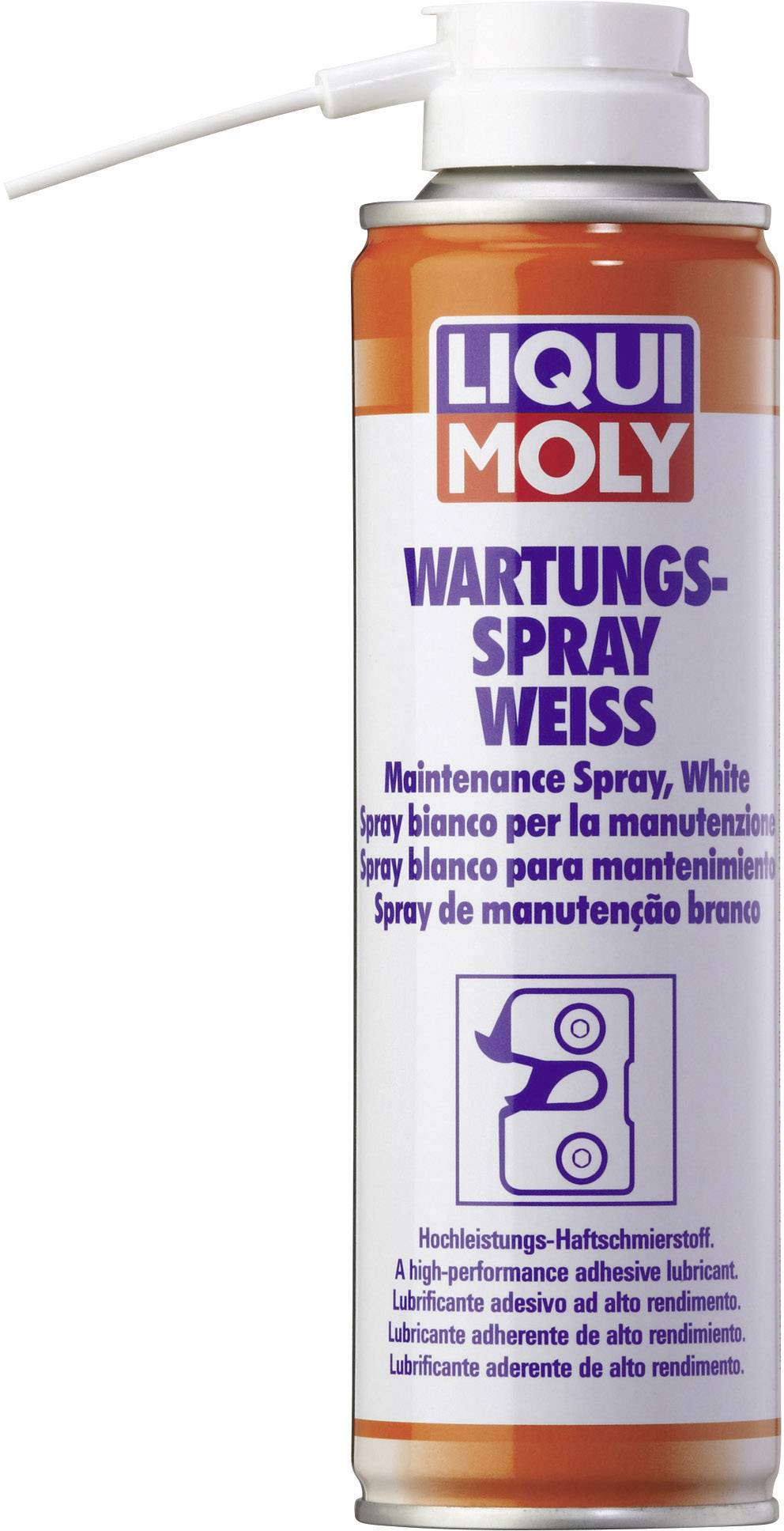 Sprühdose 'LIQUI MOLY Wartungs-Spray Weiß'. Wartungsspray für Schmier- und Wartungsarbeiten, mehrsprachige Beschriftung.