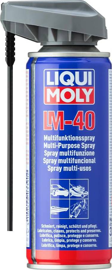 Dose mit Flüssigkeit. Aufschrift: Liqui Moly LM-40, Multifunktionsspray, schmiert, reinigt, schützt und pflegt.