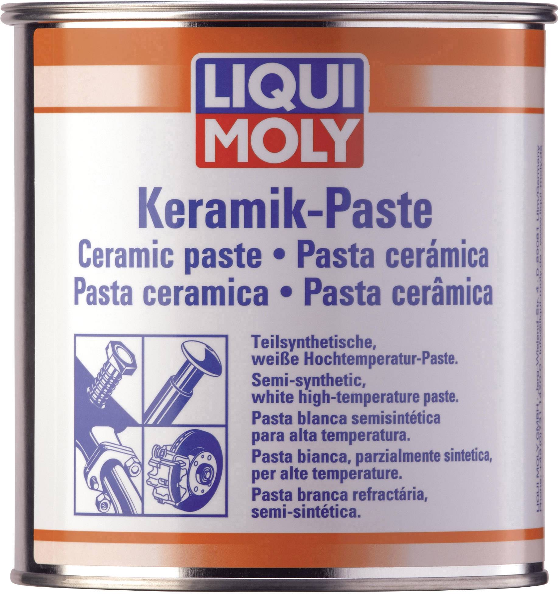 Dose mit Aufschrift 'LIQUI MOLY Keramik-Paste'. Enthält mehrsprachige Beschreibung: Teilsynthische Hochtemperatur-Paste für Metallverbindungen.