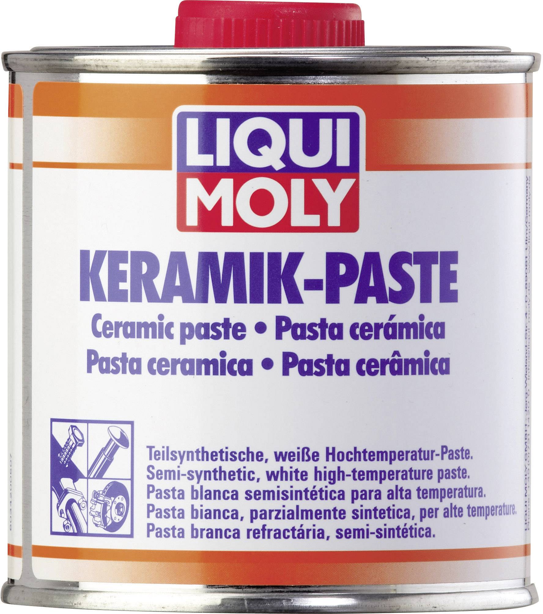 Dose mit Keramik-Paste von Liqui Moly, geeignet für hohe Temperaturen. Etikett in mehreren Sprachen beschreibt Eigenschaften und Anwendung.