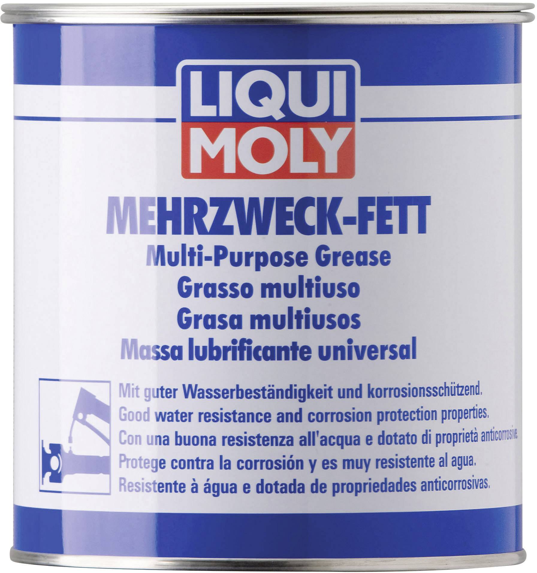 Konservendose mit der Aufschrift 'LIQUI MOLY Mehrzweck-Fett'. Mehrsprachige Hinweise zu Wasserbeständigkeit und Korrosionsschutz.