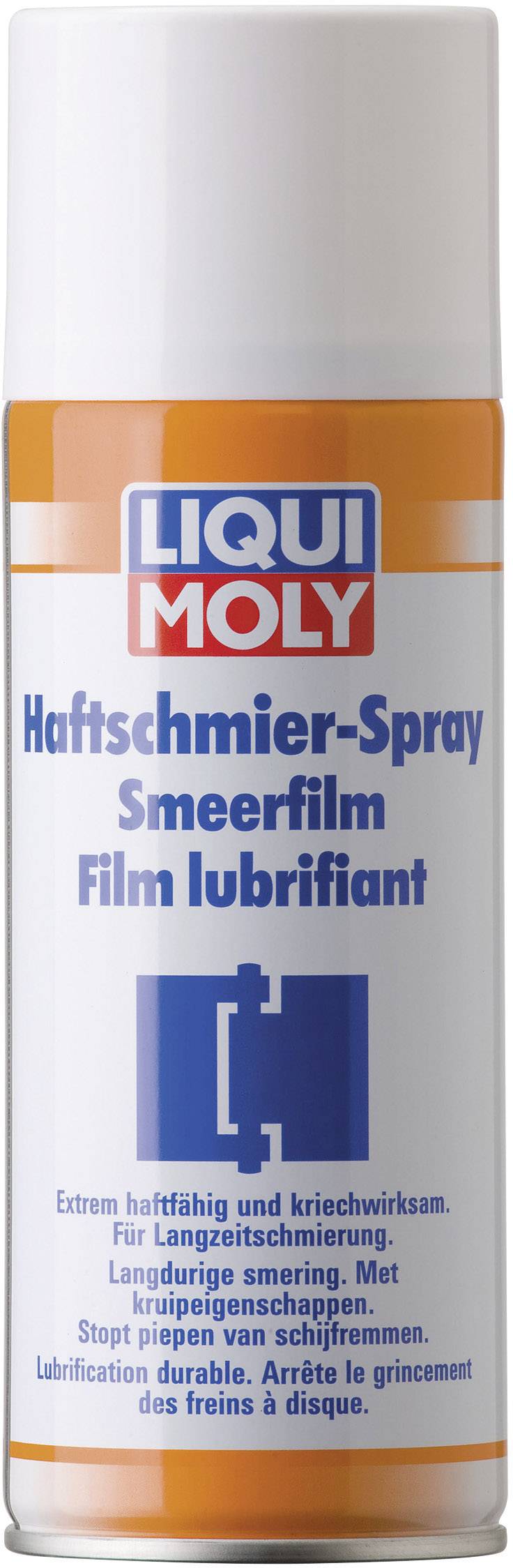 Weiß-blau-orange Spraydose mit der Aufschrift 'LIQUI MOLY Haftschmier-Spray'. Produkt zur Langzeitschmierung und Geräuschreduktion.