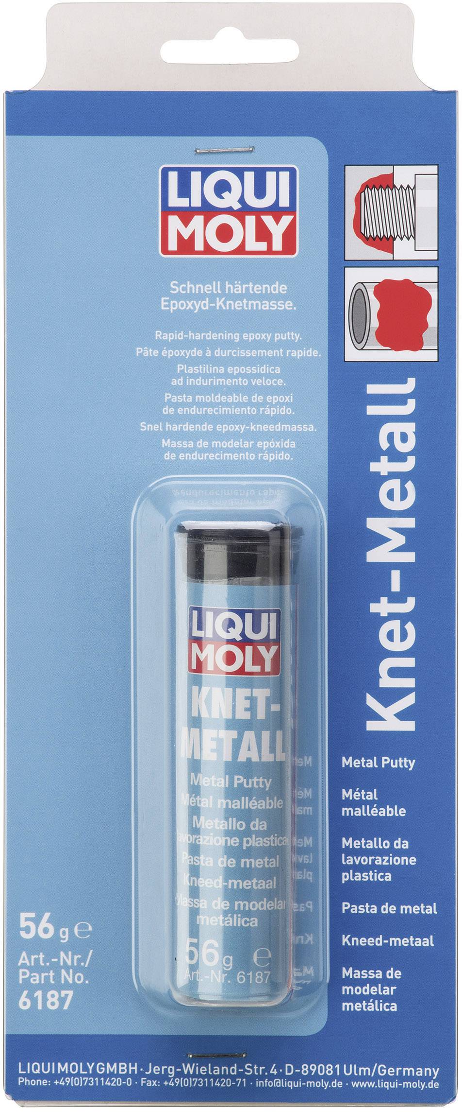 Verpackung eines Epoxid-Knetmetalls der Marke Liqui Moly. In der Verpackung ein zylinderförmiges Produkt. Text auf der Verpackung: 'Knet-Metall'.