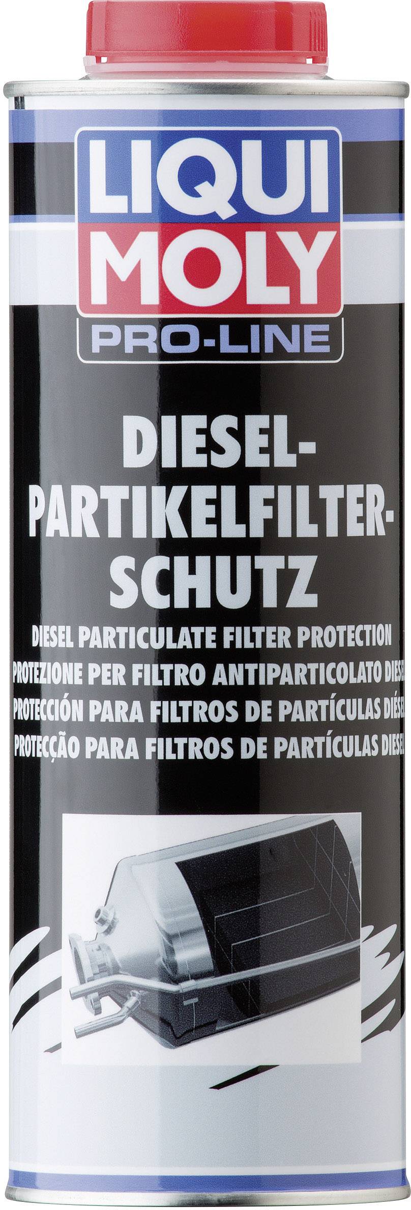 Behälter für 'Liqui Moly Pro-Line Diesel-Partikelfilter-Schutz'. Enthält Schutzmittel für Dieselpartikelfilter.