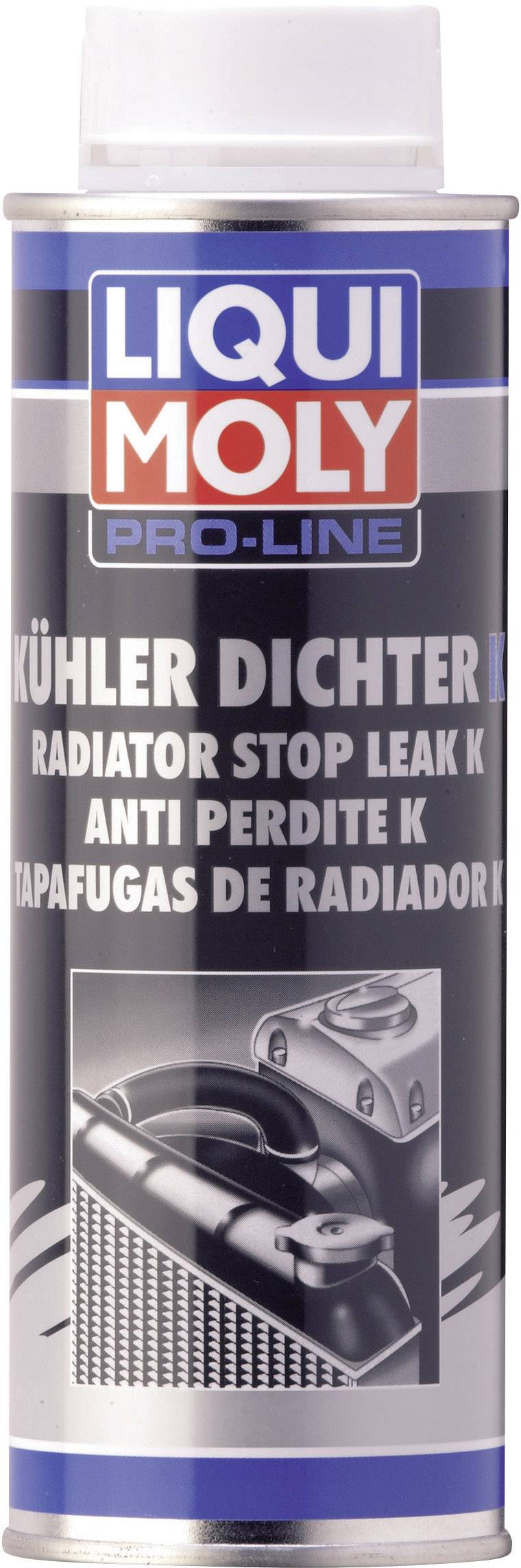 'LIQUI MOLY Pro-Line Kühler Dichter K' Spraydose mit Illustrationen von Autoteilen auf dem Etikett. Produkt zur Abdichtung von Kühlern.