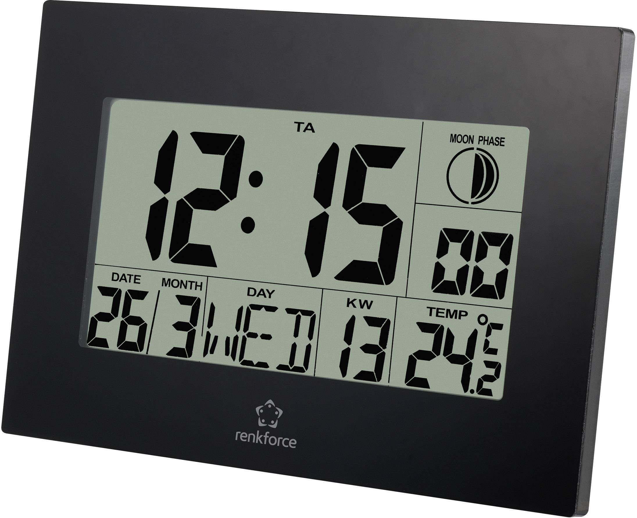 Digitale Wanduhr mit großen Ziffern zeigt 12:15. Datum: 26. Mittwoch; Mondphase, Kalenderwoche 13, Temperatur: 24,5°C.