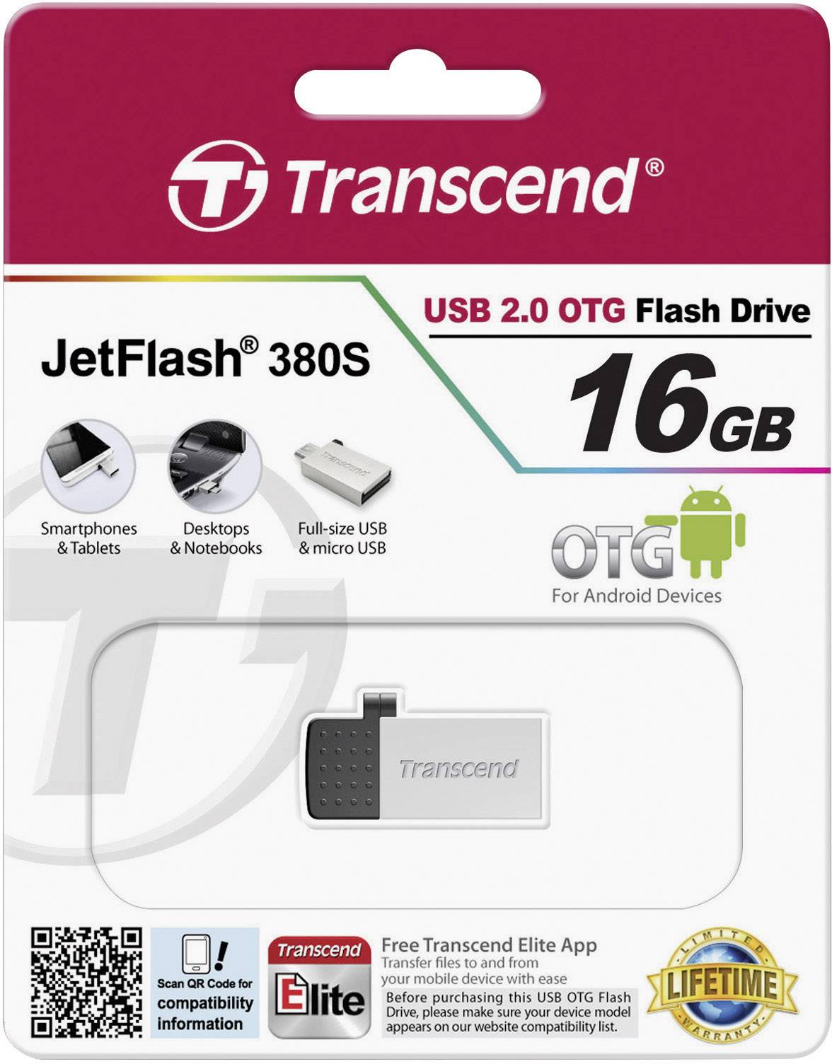 Transcend JetFlash® 380S USB-Zusatzspeicher Smartphone/Tablet Schwarz/Silber 16 GB USB-A (USB 2.0)
