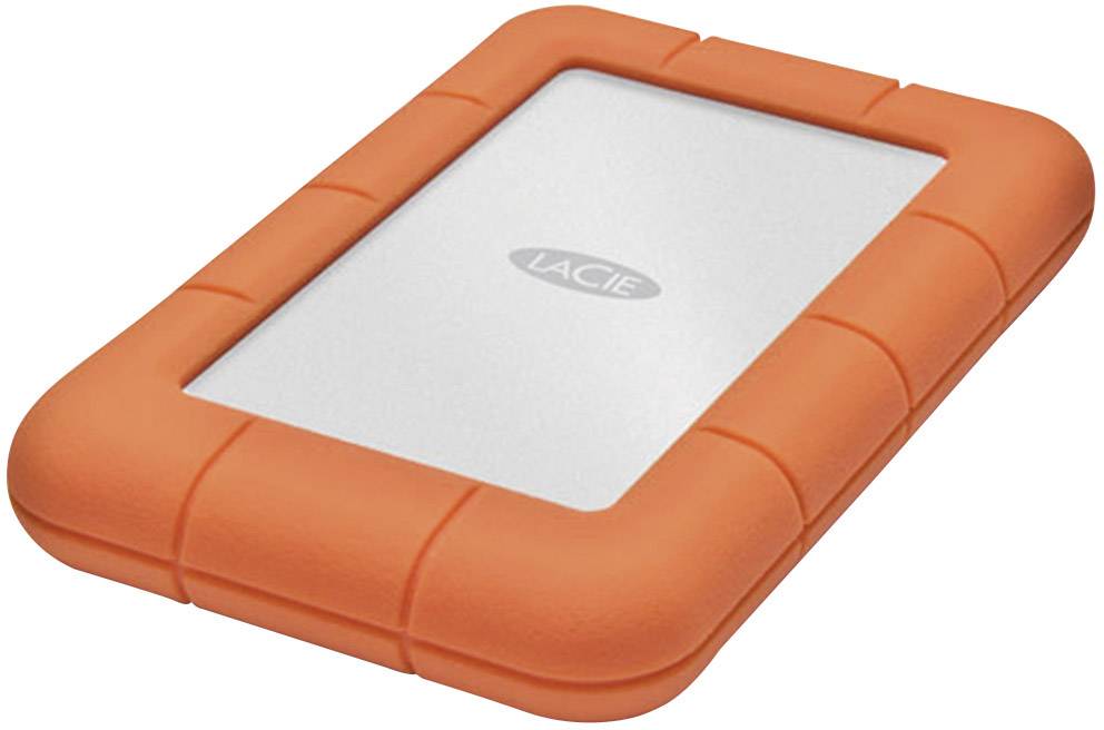 Externe Festplatte mit orangefarbener Schutzhülle, Markenname 'LaCie' sichtbar. Ideal für Datensicherung und Transport.