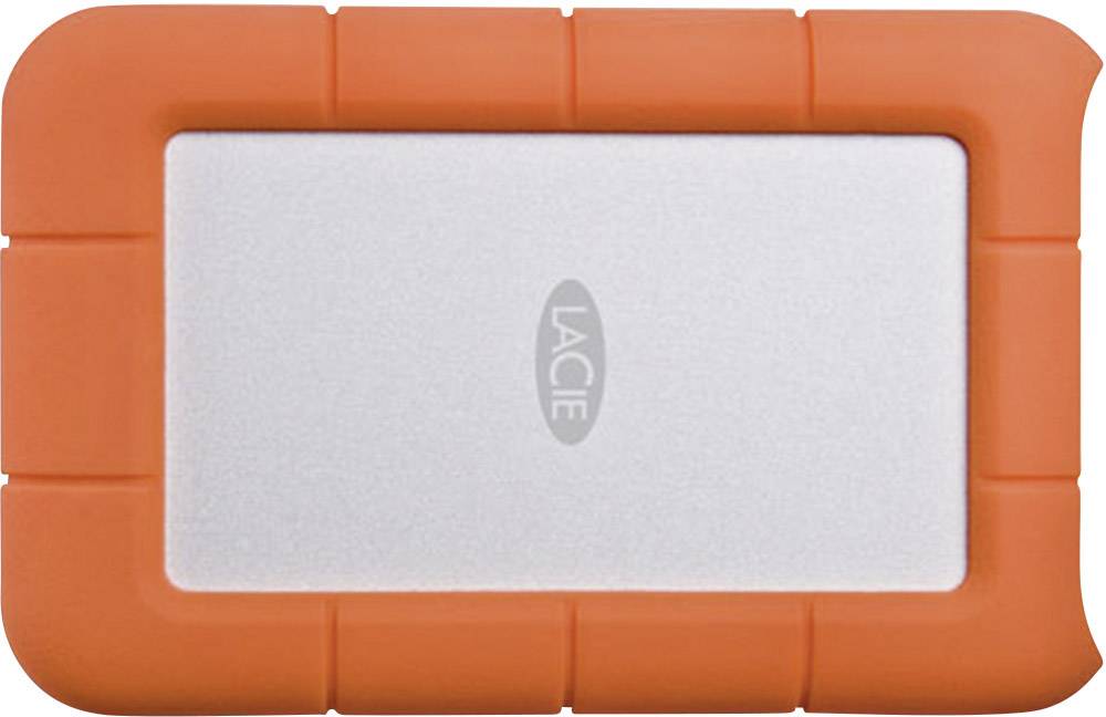 Externe Festplatte mit orangefarbener Schutzhülle und silbernem Gehäuse, Marke 'LaCie'.