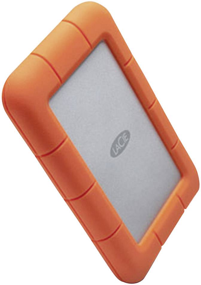 Tragbare externe Festplatte mit orangefarbenem Schutzgehäuse, markiert mit 'Lacie'.