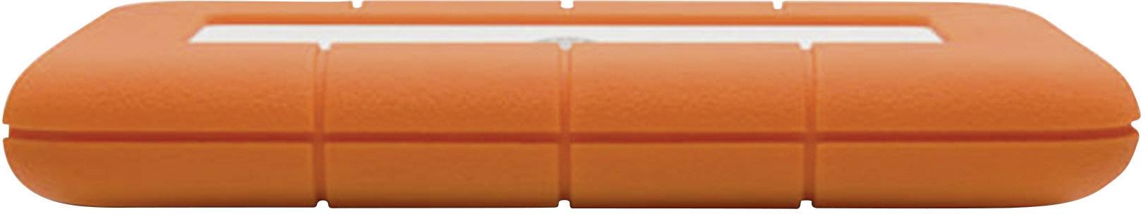 Eine tragbare, orange-gummierte Festplatte in Rechteckform.