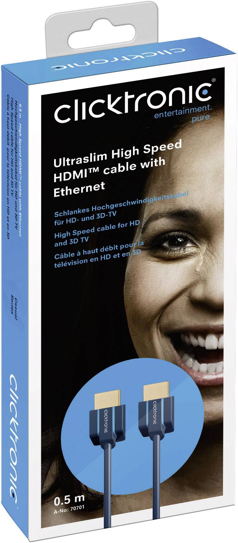 clicktronic HDMI Anschlusskabel 0.50 m Blau 70701 Audio Return Channel, vergoldete Steckkontakte, 4K UHD HDMI-Kabel