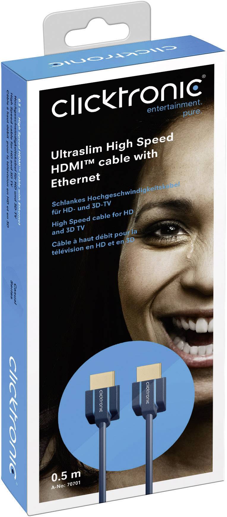 clicktronic HDMI Anschlusskabel 1.00 m Blau 70702 Audio Return Channel, vergoldete Steckkontakte, 4K UHD HDMI-Kabel