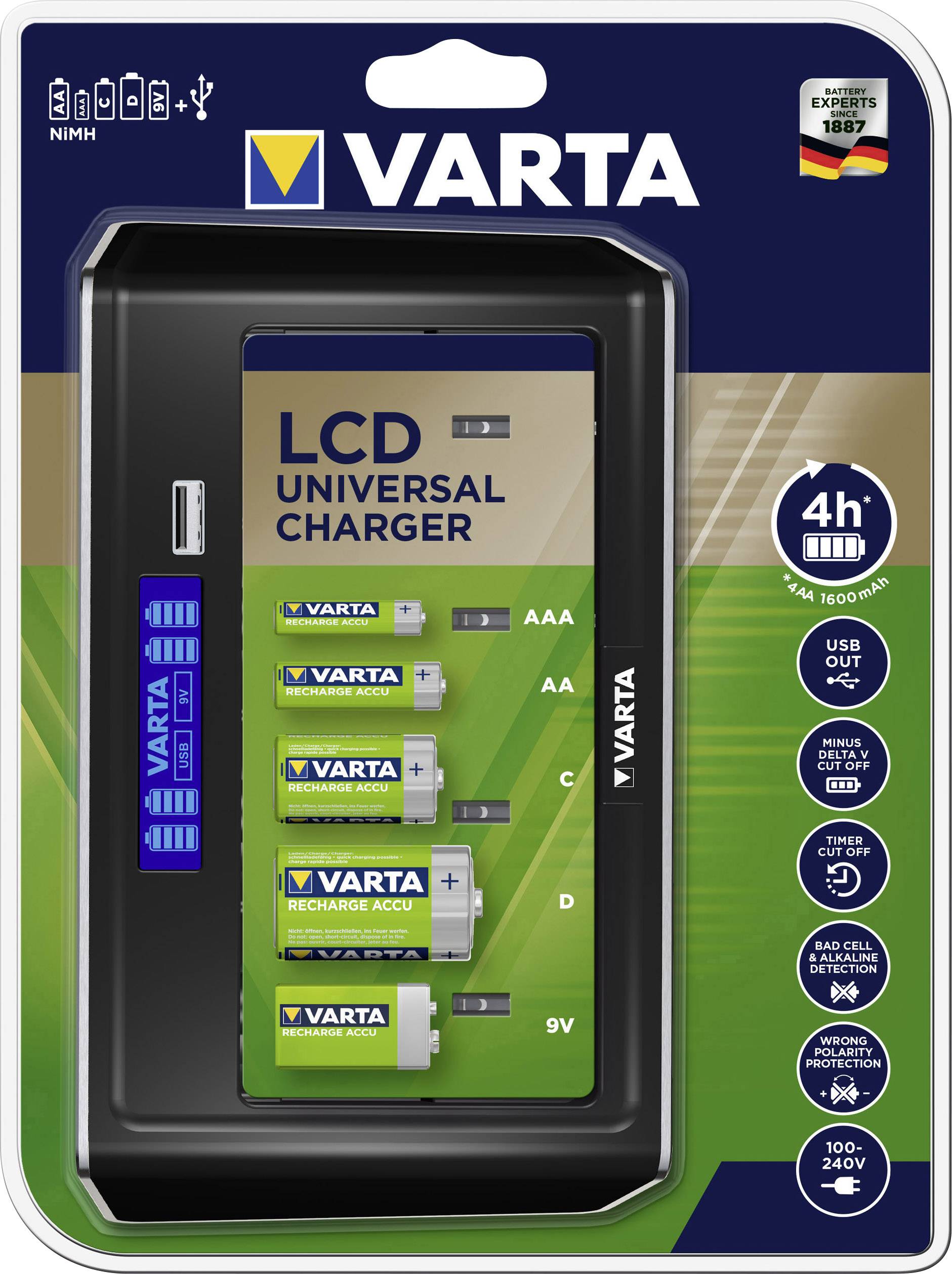 Varta LCD Universal Rundzellen-Ladegerät NiMH Micro (AAA), Mignon (AA), Baby (C), Mono (D), 9 V Block