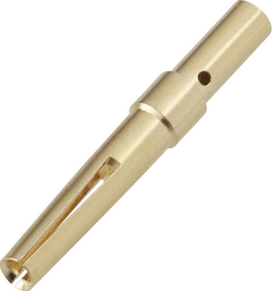 Ein Metallstift mit einer länglichen Form und einer Bohrung in der Mitte, möglicherweise Teil eines Steckverbinders oder Werkzeugs.