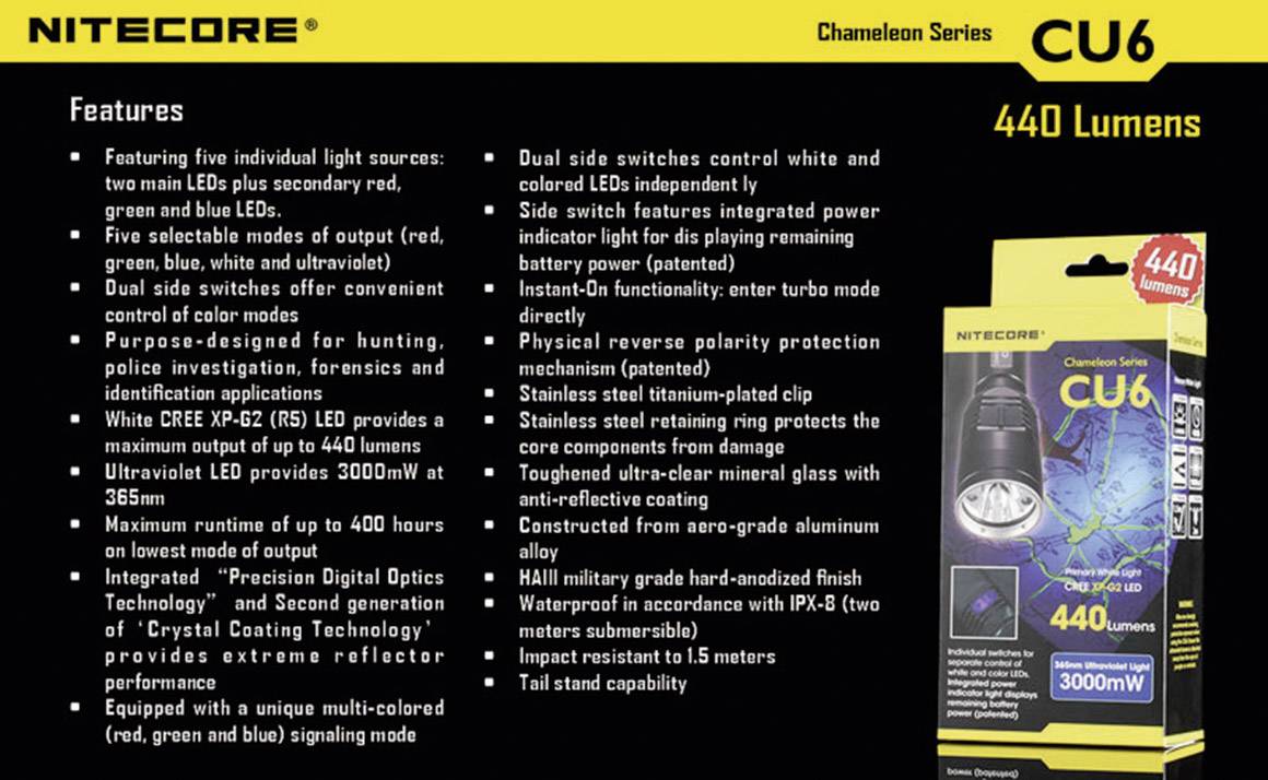 NiteCore CU6 Chameleon LED Taschenlampe batteriebetrieben 440lm 400h 138g