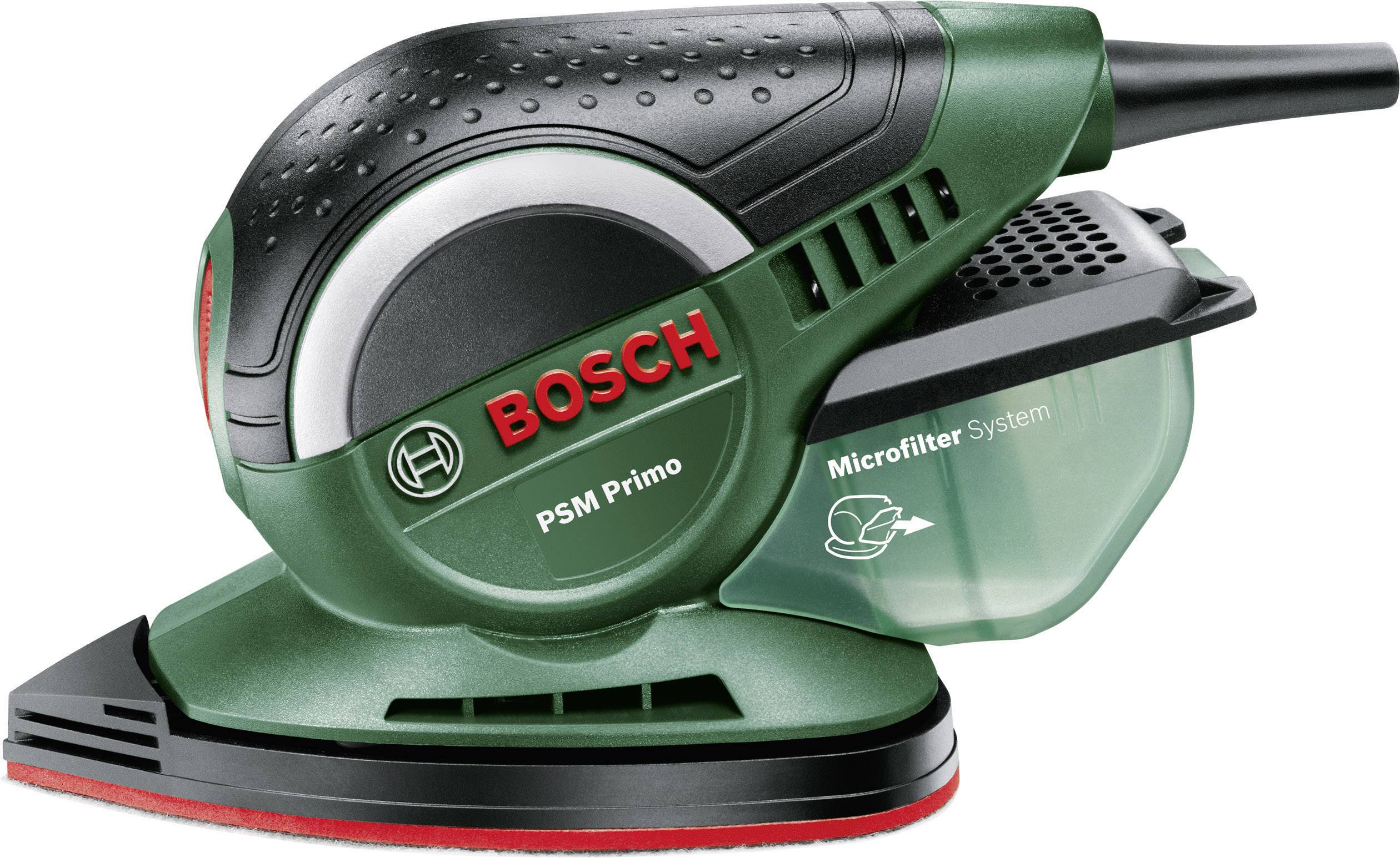 Elektrischer Multischleifer 'Bosch PSM Primo', kompakte Größe, grünes Gehäuse, integriertes Mikrofiltersystem für staubfreies Schleifen.