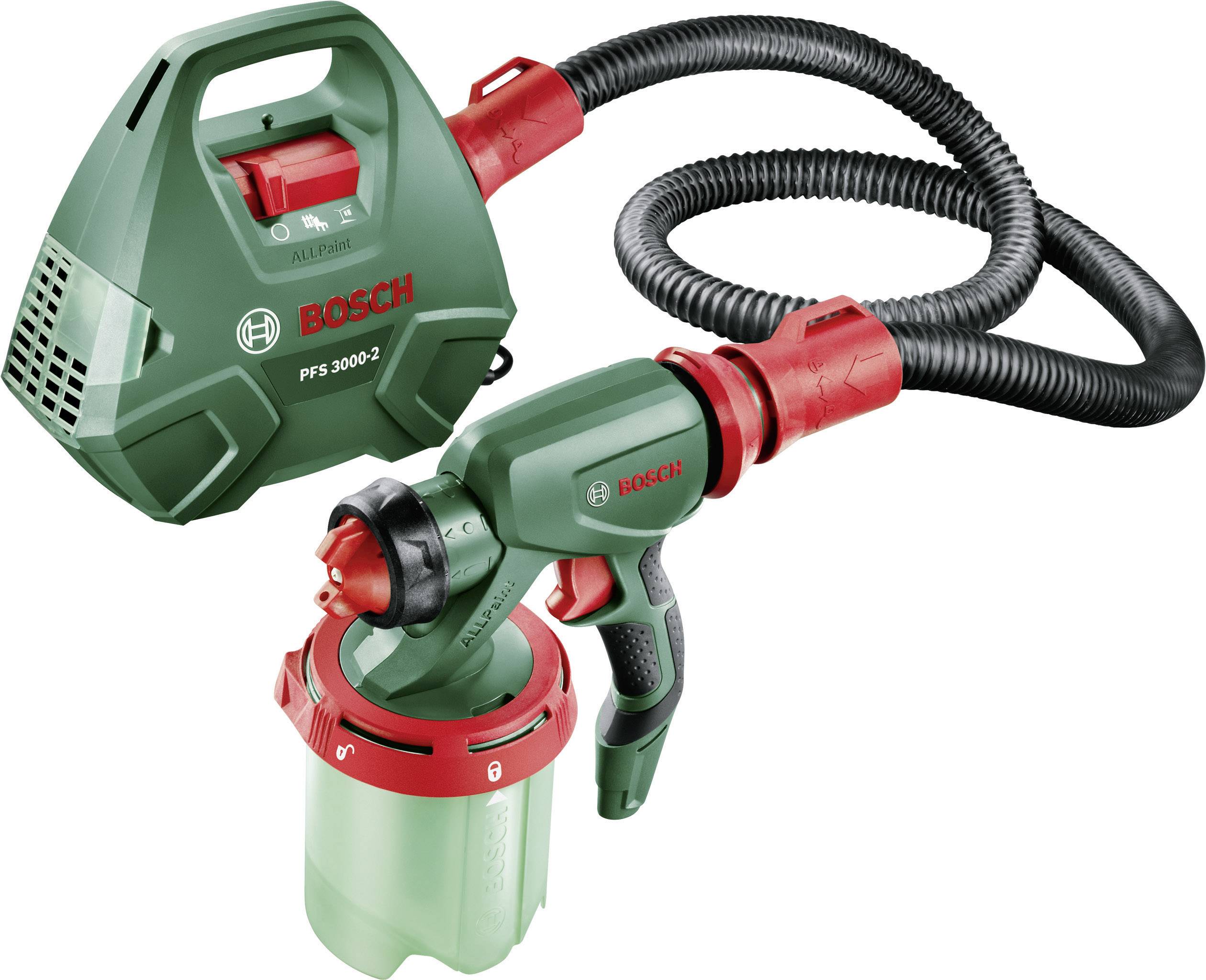 Ein grünes Bosch Farbsprühsystem PFS 3000-2 mit Schlauch, Handgerät und Farbbecher für Heimwerkerarbeiten.