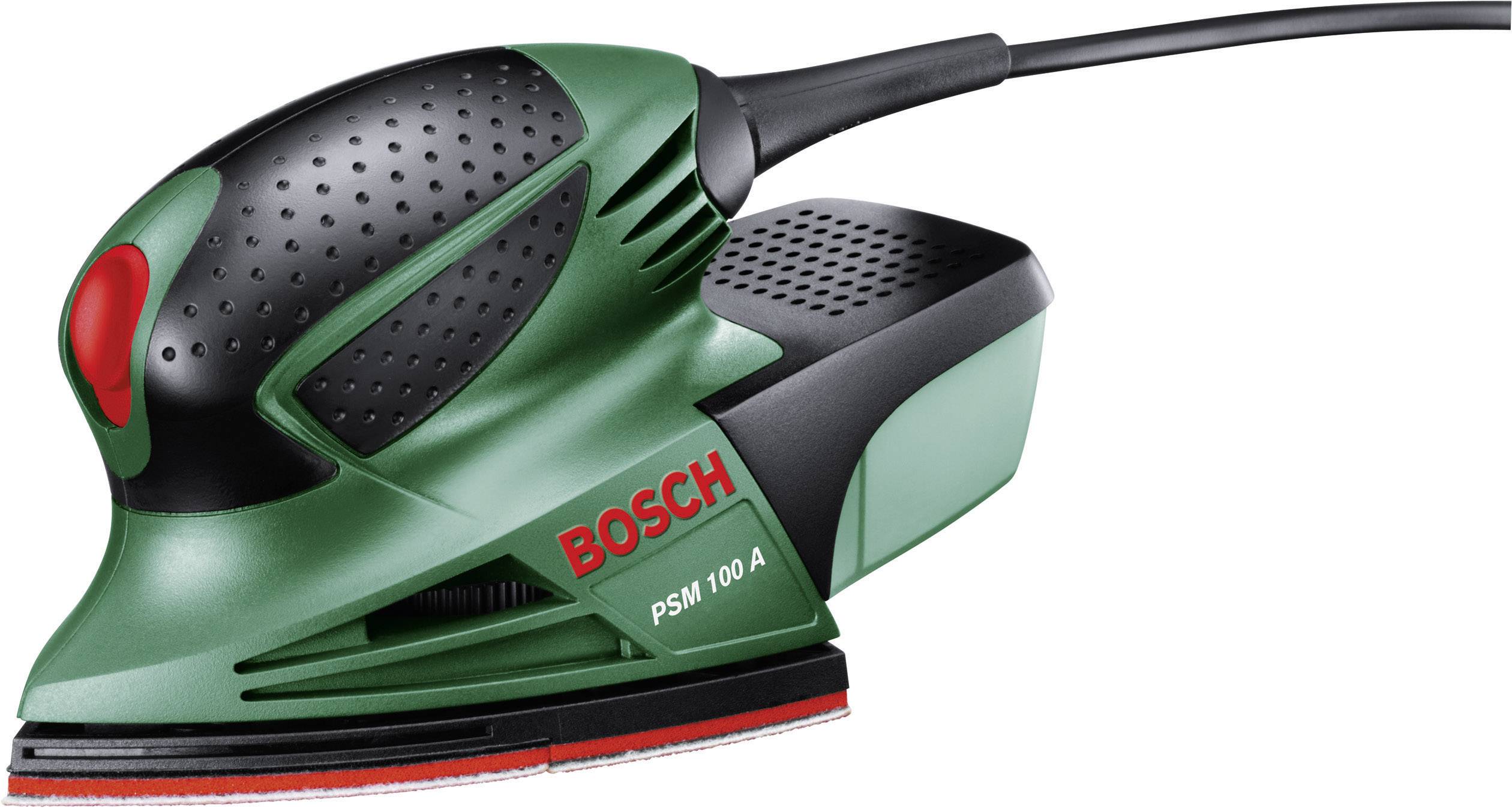 Ein elektrischer Bosch PSM 100 A Schwingschleifer in Grün mit einem ergonomischen Griff und einem roten Einschaltknopf.