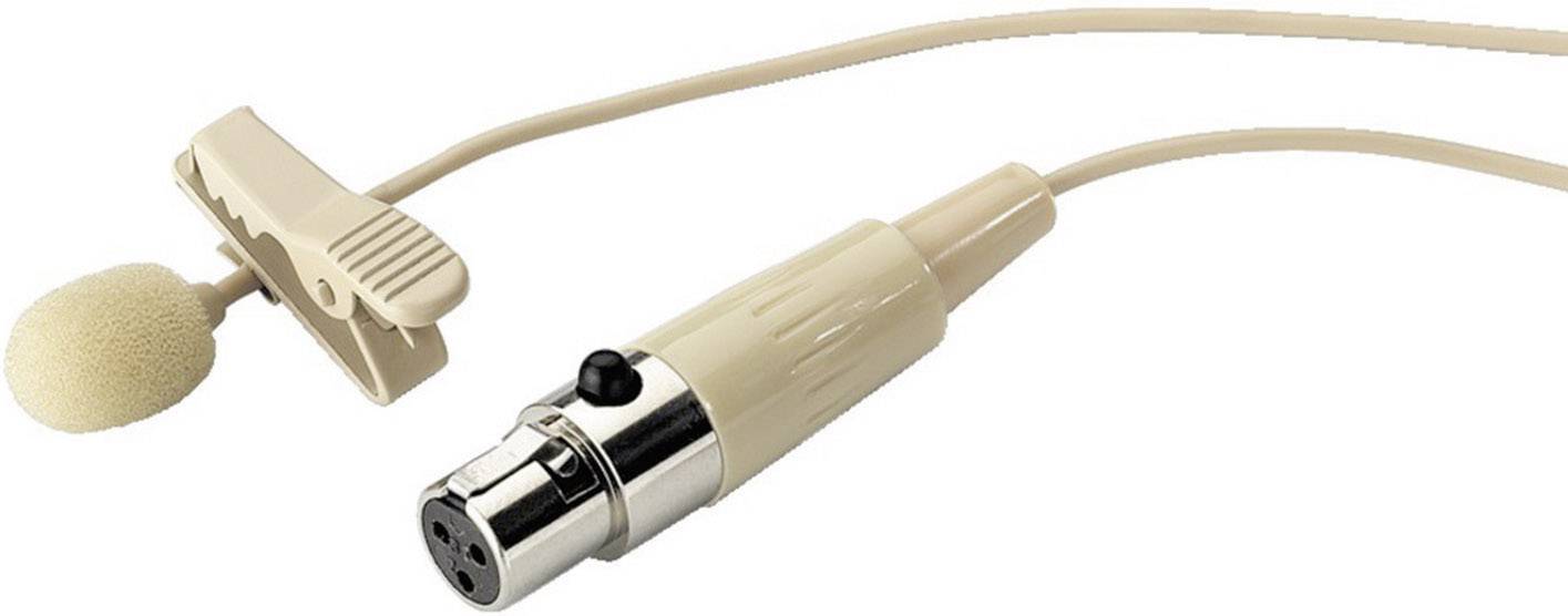 Ein beigefarbenes Ansteckmikrofon mit Schaumstoffabdeckung und XLR-Anschlusskabel, verwendet für Sprach- und Audioaufnahmen.
