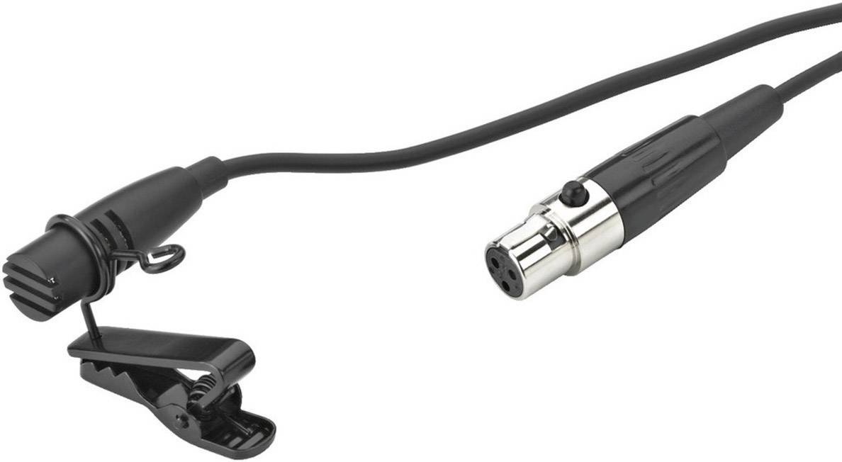 Ein schwarzes Lavaliermikrofon mit Clip ist an einem XLR-Kabel befestigt.