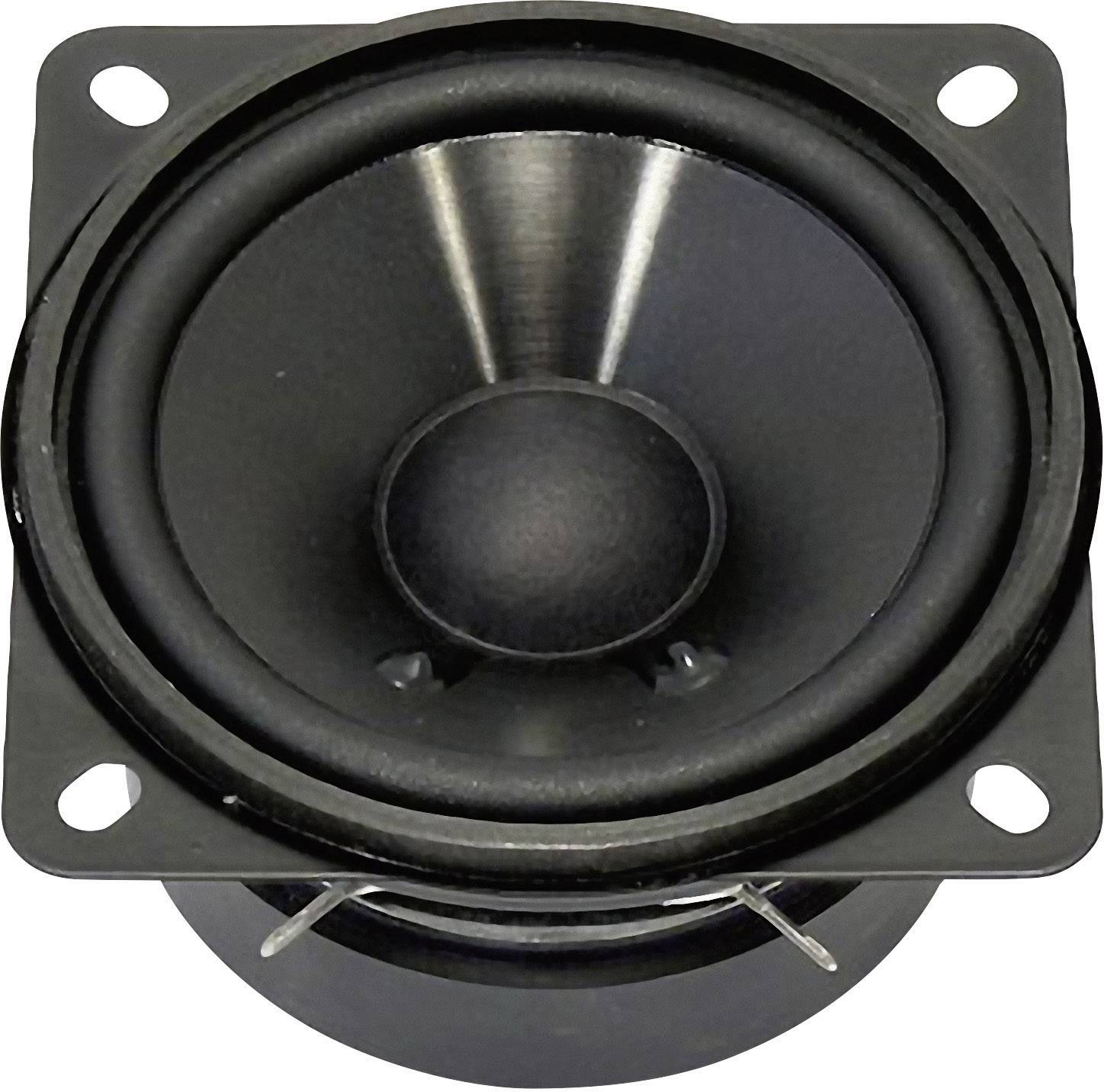 Ein schwarzer Lautsprecher mit quadratischer Grundplatte und rundem Lautsprechermembran in der Mitte, in einer Draufsicht.