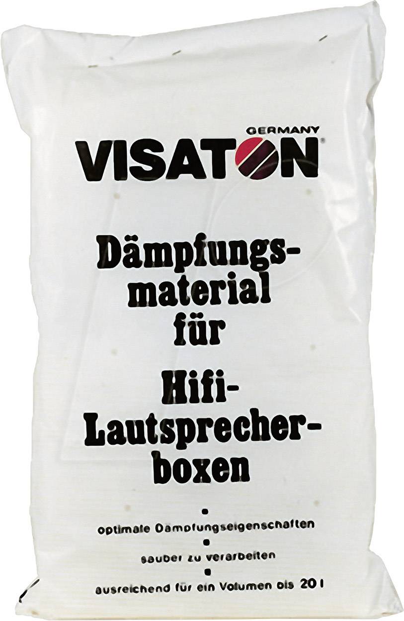 Packung 'Dämpfungsmaterial für Hifi-Lautsprecherboxen', Marke Visaton. Text beschreibt Eigenschaften: optimal, sauber, ausreichend für Volumen bis 20l.