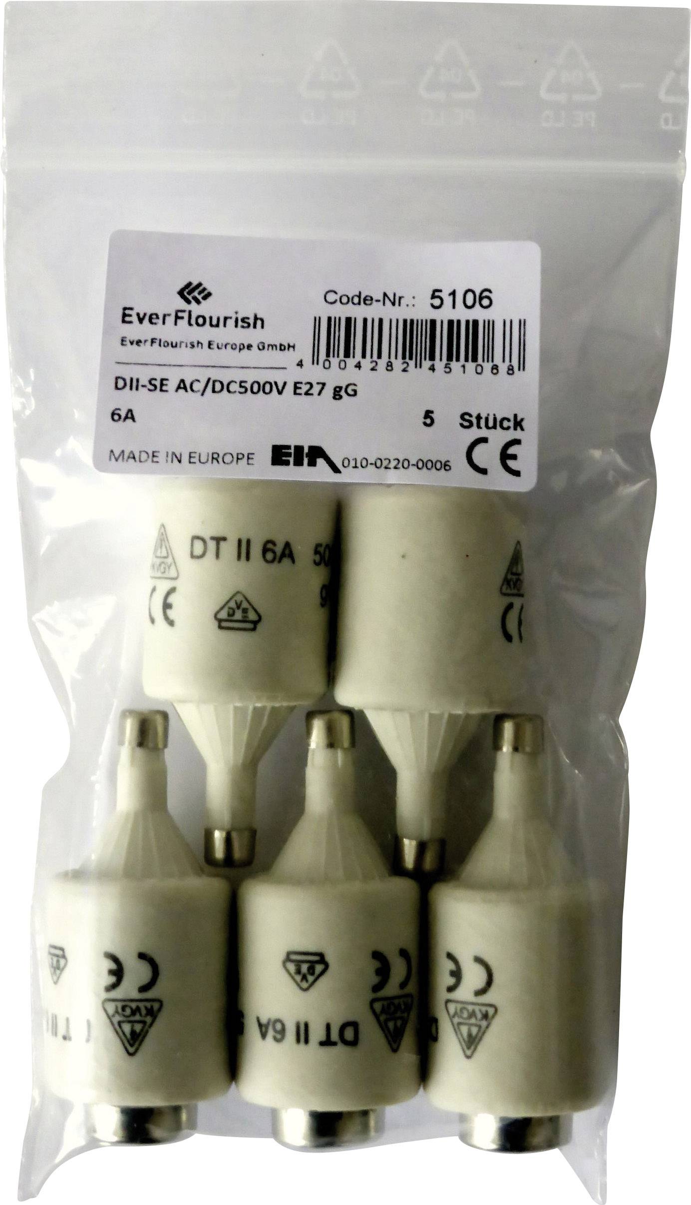 GAO 1173653 Diazed-Sicherung Sicherungsgröße = DII 6 A 500 V 5 St.