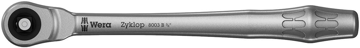 Ratsche mit Schriftzug 'Wera Zyklop'. Funktionales Werkzeugdesign, silbernes Gehäuse, ergonomischer Griff für einfache Anwendung.