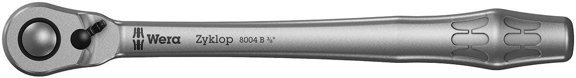 Metallische Ratsche mit ergonomischem Griff, beschriftet mit 'Wera Zyklop 8000 A 1/4'. Designmerkmale für besseren Halt.