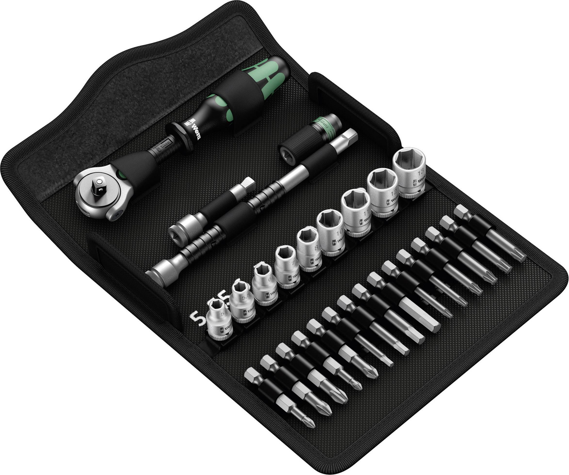 Ein Werkzeugset mit Ratsche, Stecknüssen und Bits. Die Nüsse sind in verschiedenen Größen angeordnet, die Bits sind darunter.