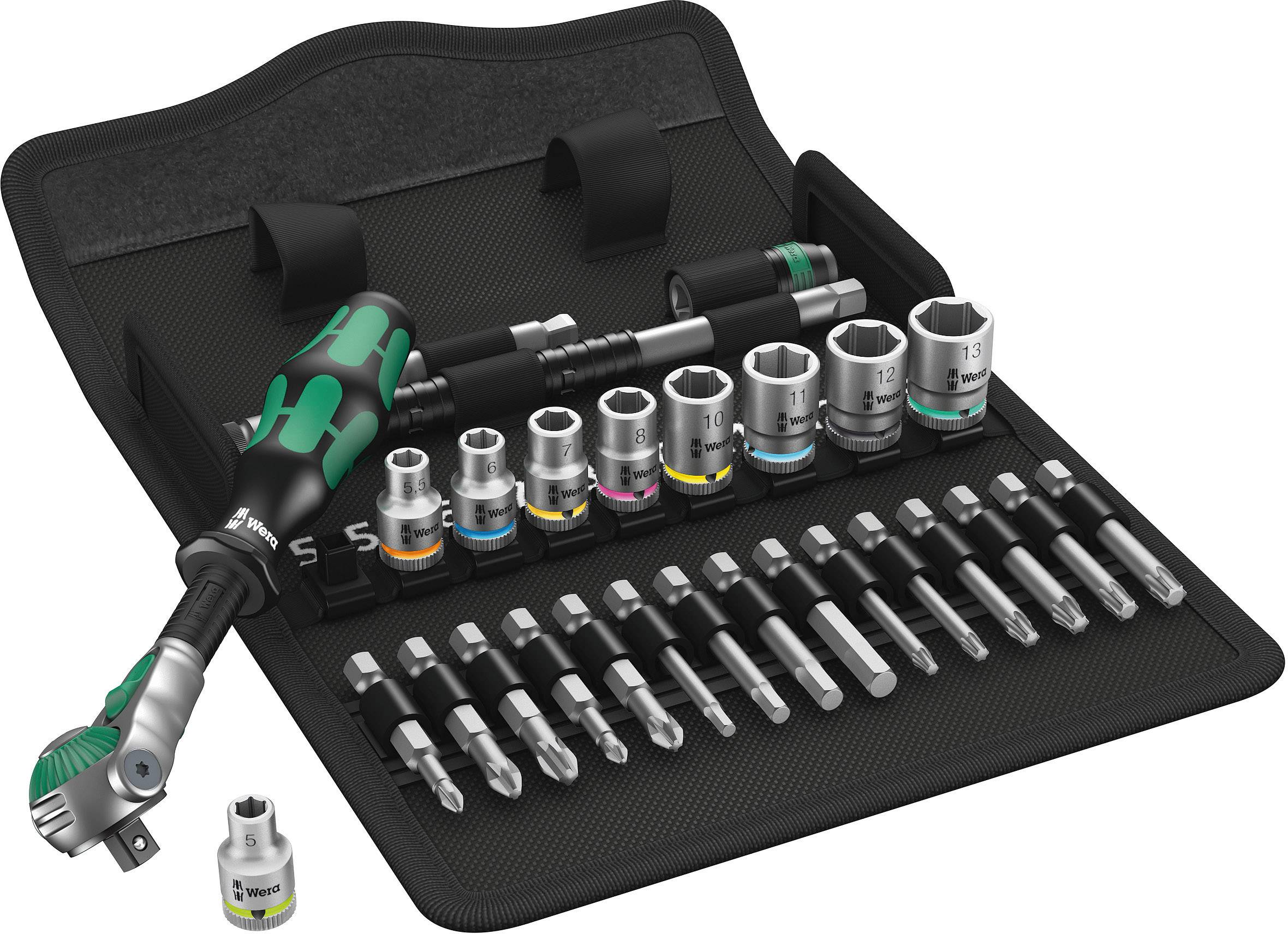 Ein Werkzeugset mit verschiedenen Stecknüssen und Bits in einer aufklappbaren Aufbewahrungstasche, ideal für Reparaturen und Montagen.