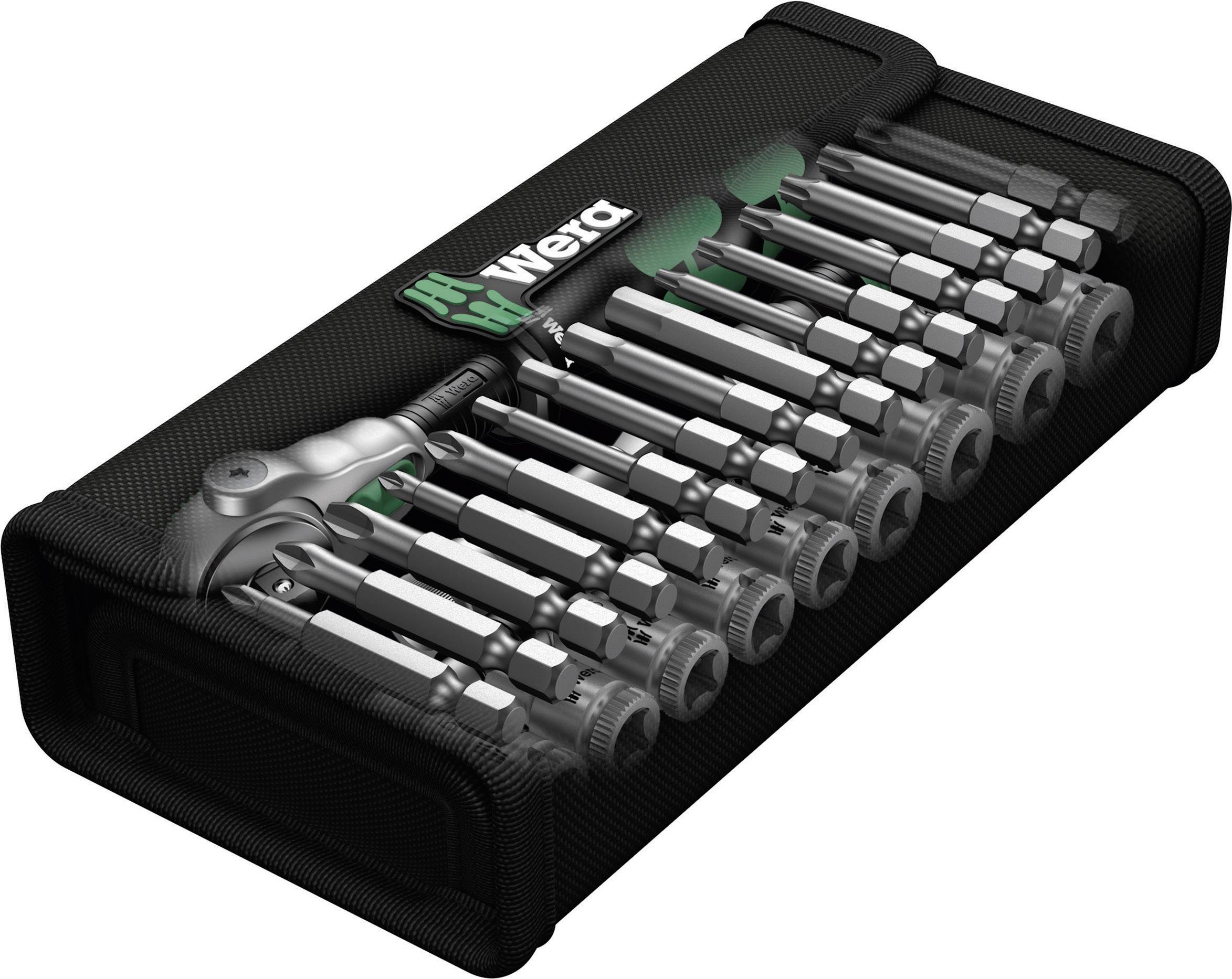 Satz von Schraubendreher-Bits und Ratsche in einer schwarzen Box mit Wera-Logo. Enthält Bits in verschiedenen Größen und Formen.