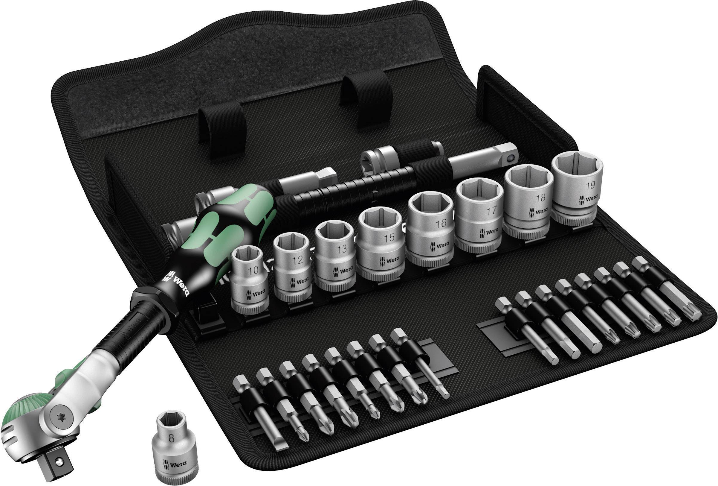 Steckschlüssel-Set in schwarz-grauem Etui mit Ratsche, verschiedenen Nüssen und Bits in unterschiedlichen Größen organisiert.