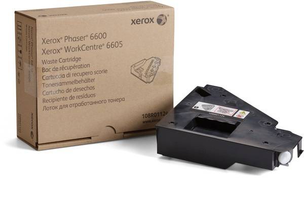 Eine Xerox-Abfallkartusche in Schwarz neben der Verpackung mit der Aufschrift 'Xerox Phaser 6600' und 'Xerox WorkCentre 6605'.