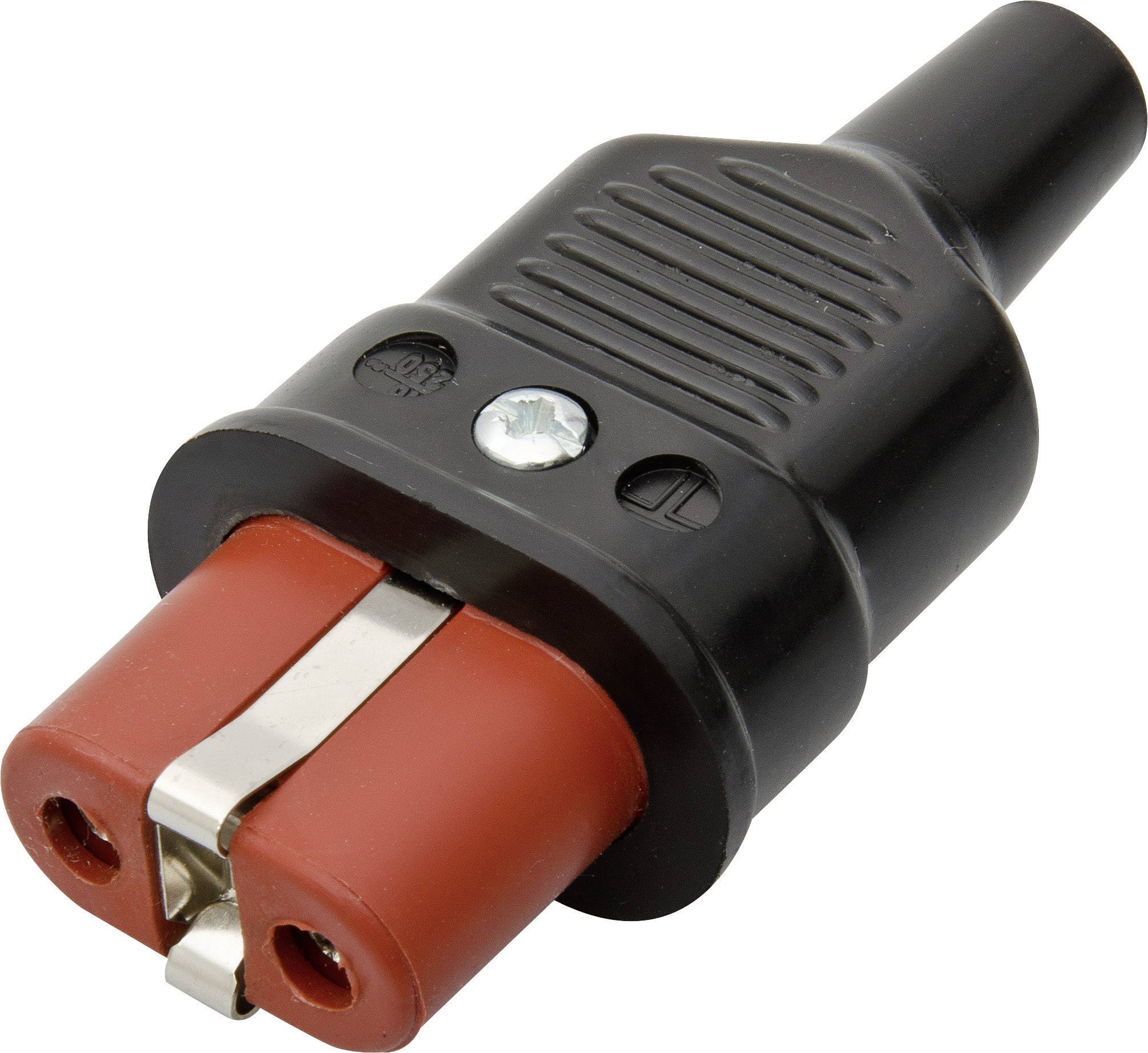 Schwarzer und roter elektrischer Batteriestecker mit zwei Metallkontakten und einer Schraube, verwendet zur Verbindung von Kabeln.