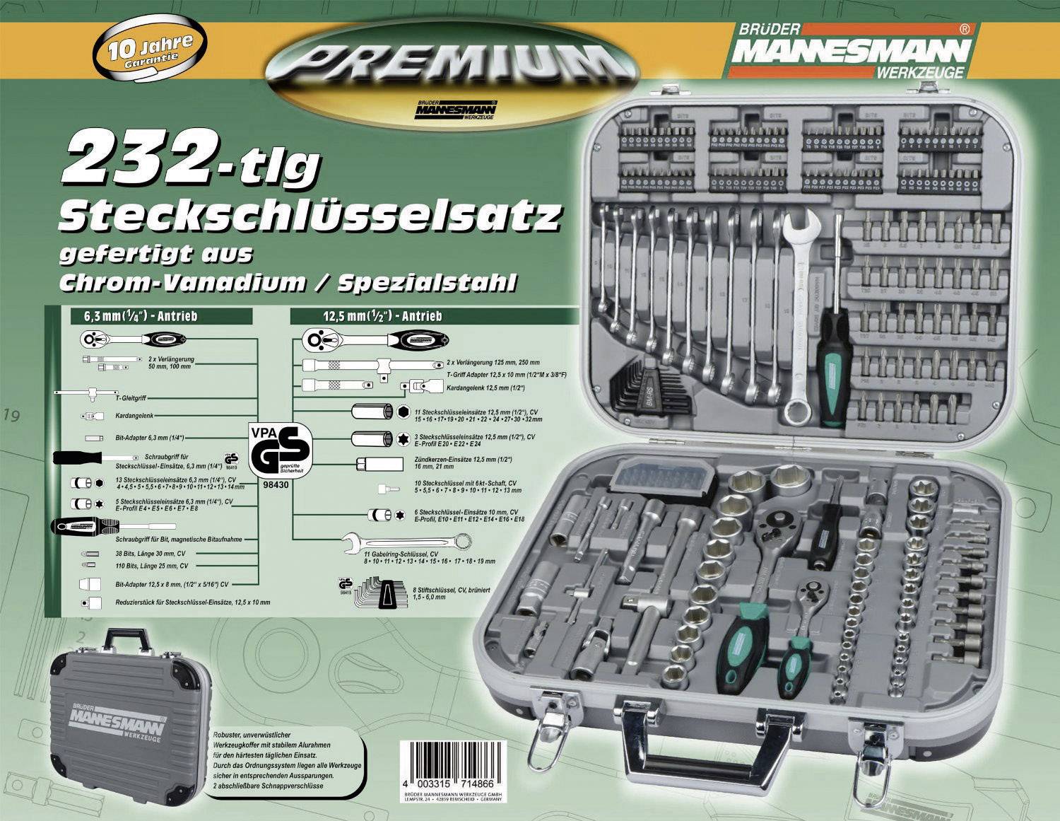 'Premium 232-tlg Steckschlüsselsatz aus Chrom-Vanadium Stahl', enthält diverse Werkzeuge in Hartschalenkoffer.