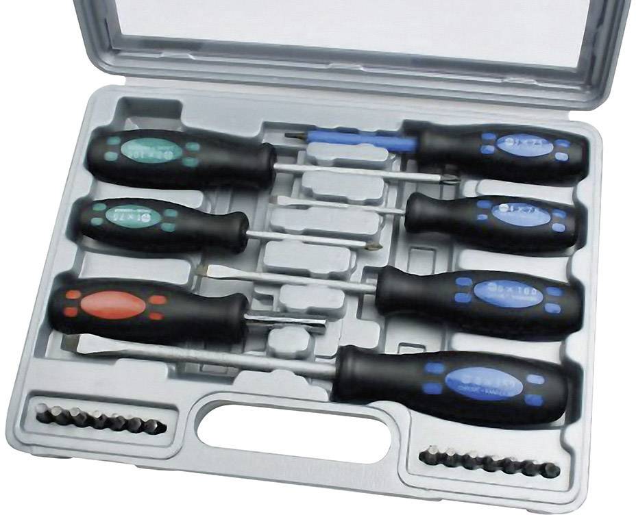 Werkzeugkasten mit acht Schraubendrehern in verschiedenen Größen und Farben, sowie einem Set von Bits.