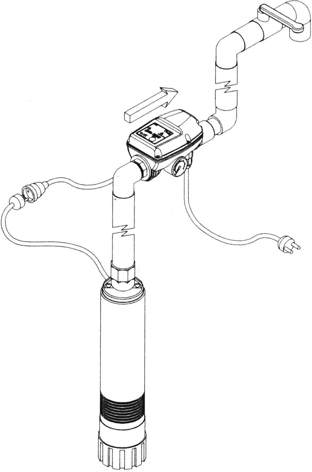 Darstellung eines Wasserpumpensystems mit elektrischen Anschlüssen und einem Pfeil, der den Wasserfluss von unten nach oben zeigt.