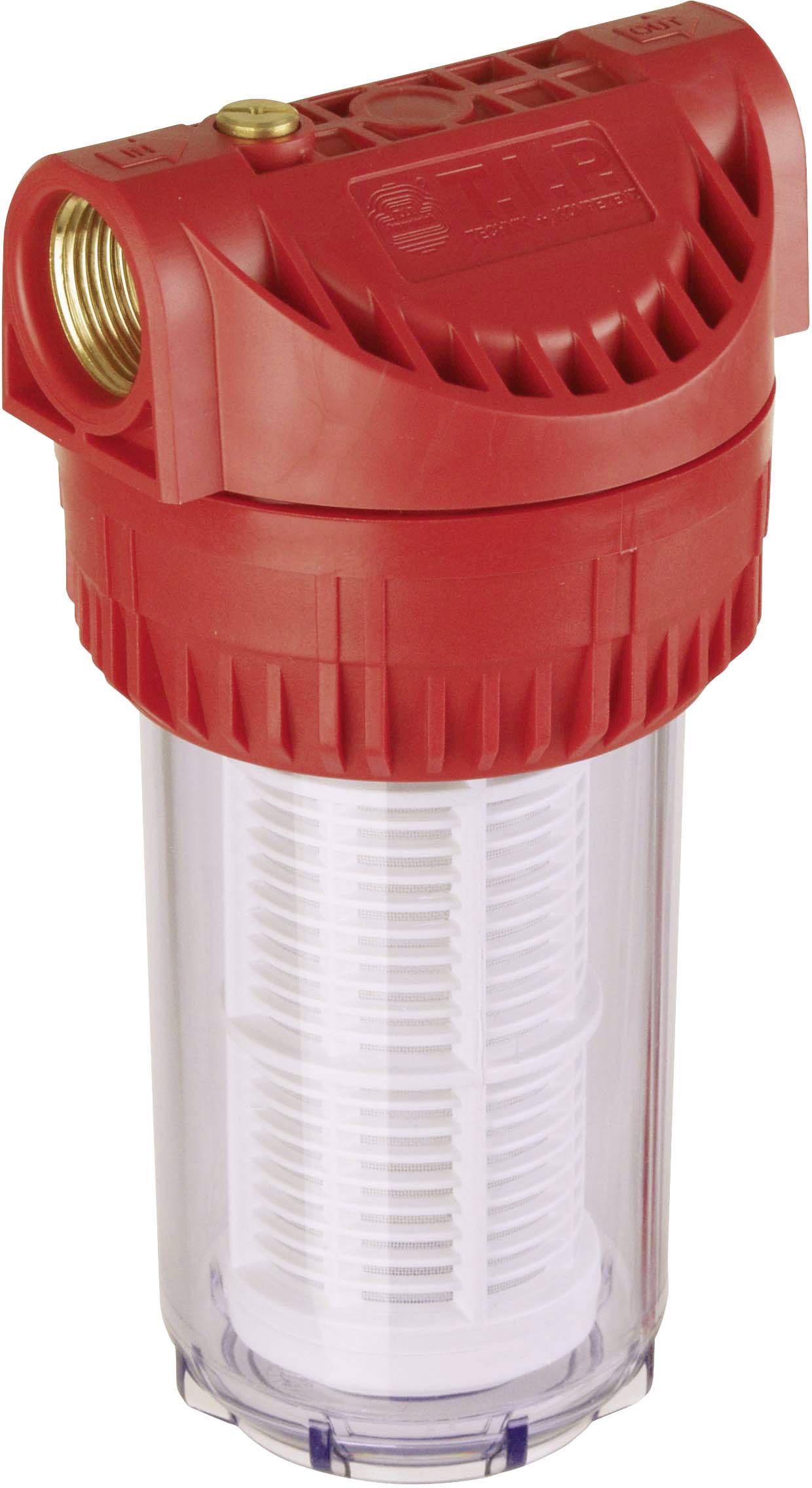 Wasserfilter mit rotem Kunststoffgehäuse und transparentem Zylinder, verwendet zur Filtration von Partikeln in der Wasserleitung.