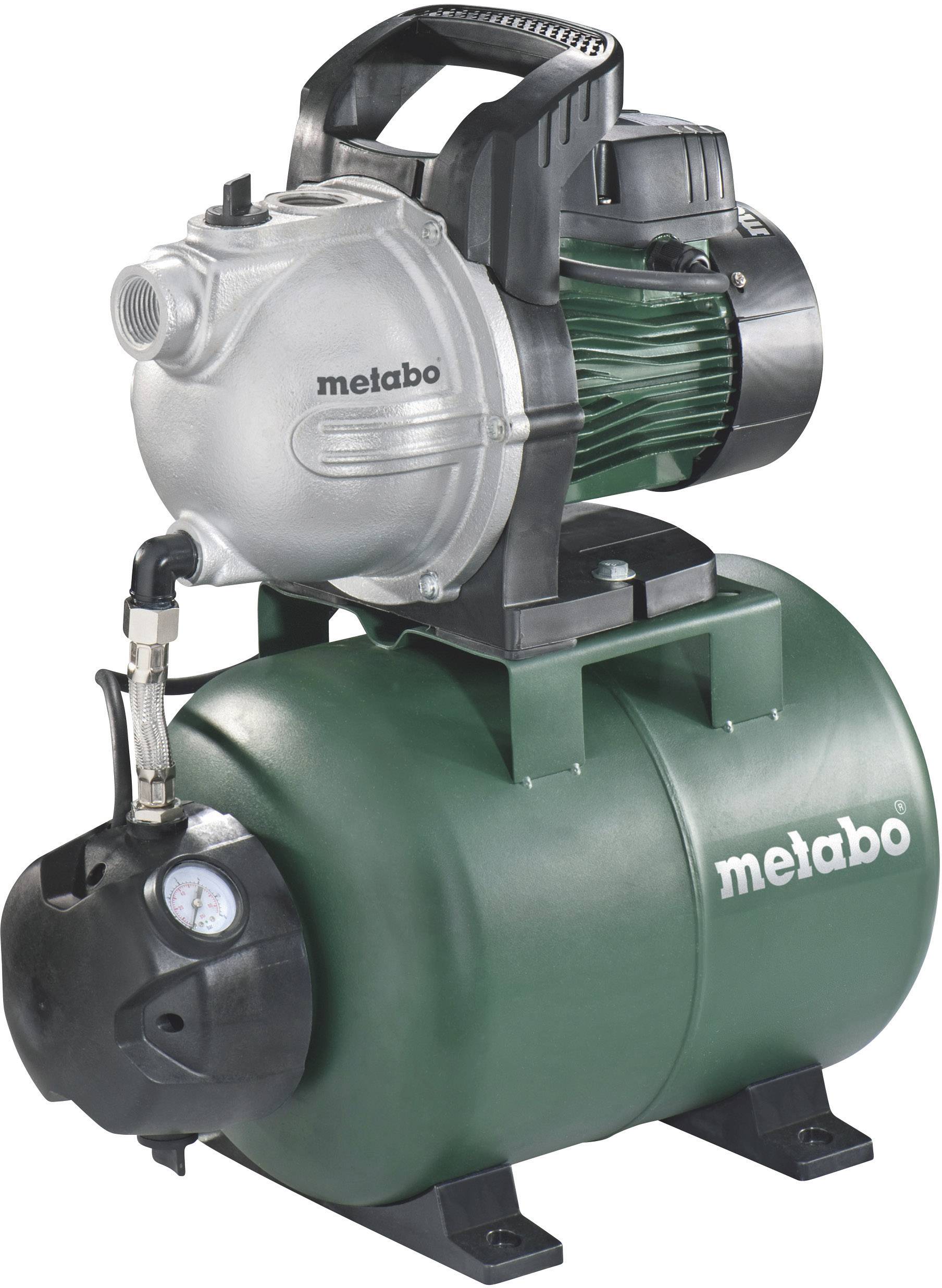Wasserpumpe von Metabo mit grünem Druckbehälter, Manometer und silbernem Pumpenkopf. Ideal für Wasserförderung und Druckerhöhung.